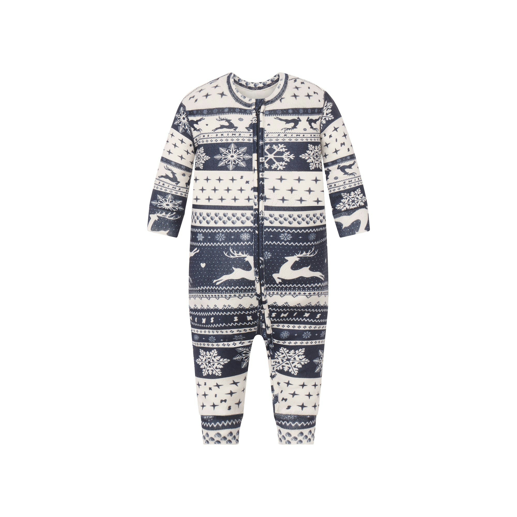 LOGO PLUSH POINTELLE BABY ONESIE | NAVY DEER FAIR ISLE FLAT ON A WHITE