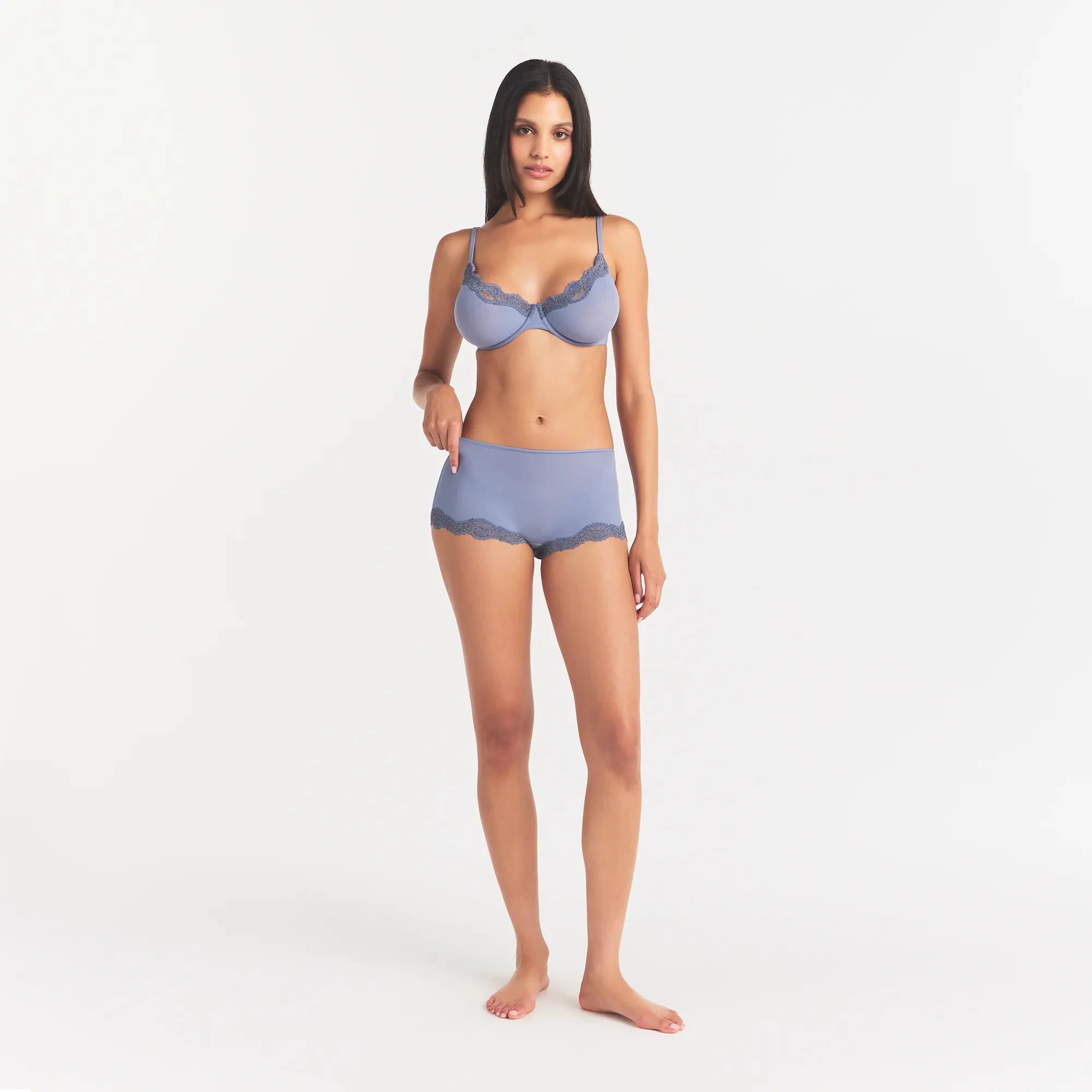 FITS EVERYBODY LACE BOY SHORT | SLATE TONAL & LAYS FLAT ON A WHITE BACKGROUND | FLT@ | FOCUS: 0.0, 1.0, 0.9