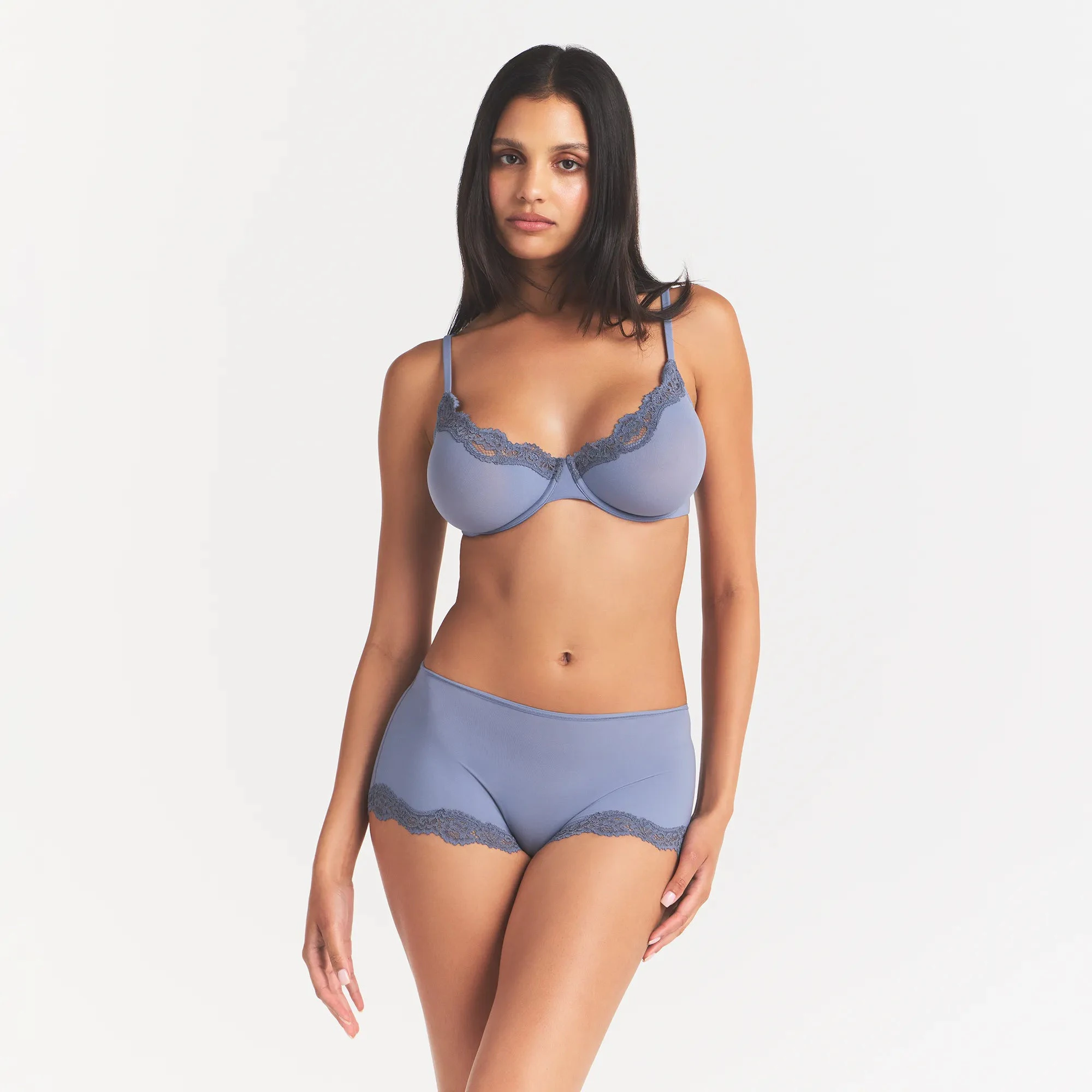FITS EVERYBODY LACE BOY SHORT | SLATE TONAL & LAYS FLAT ON A WHITE BACKGROUND | FLT@ | FOCUS: 0.0, 1.0, 0.9