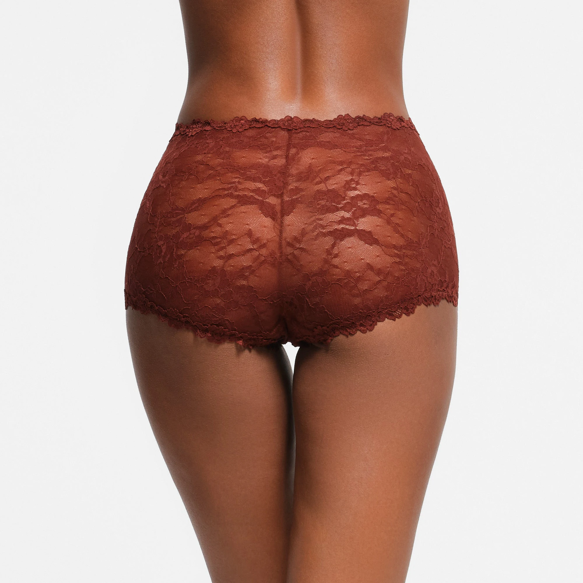 STRETCH LACE BOY SHORT | OXBLOOD CONTRAST ON A MODEL BACK VIEW