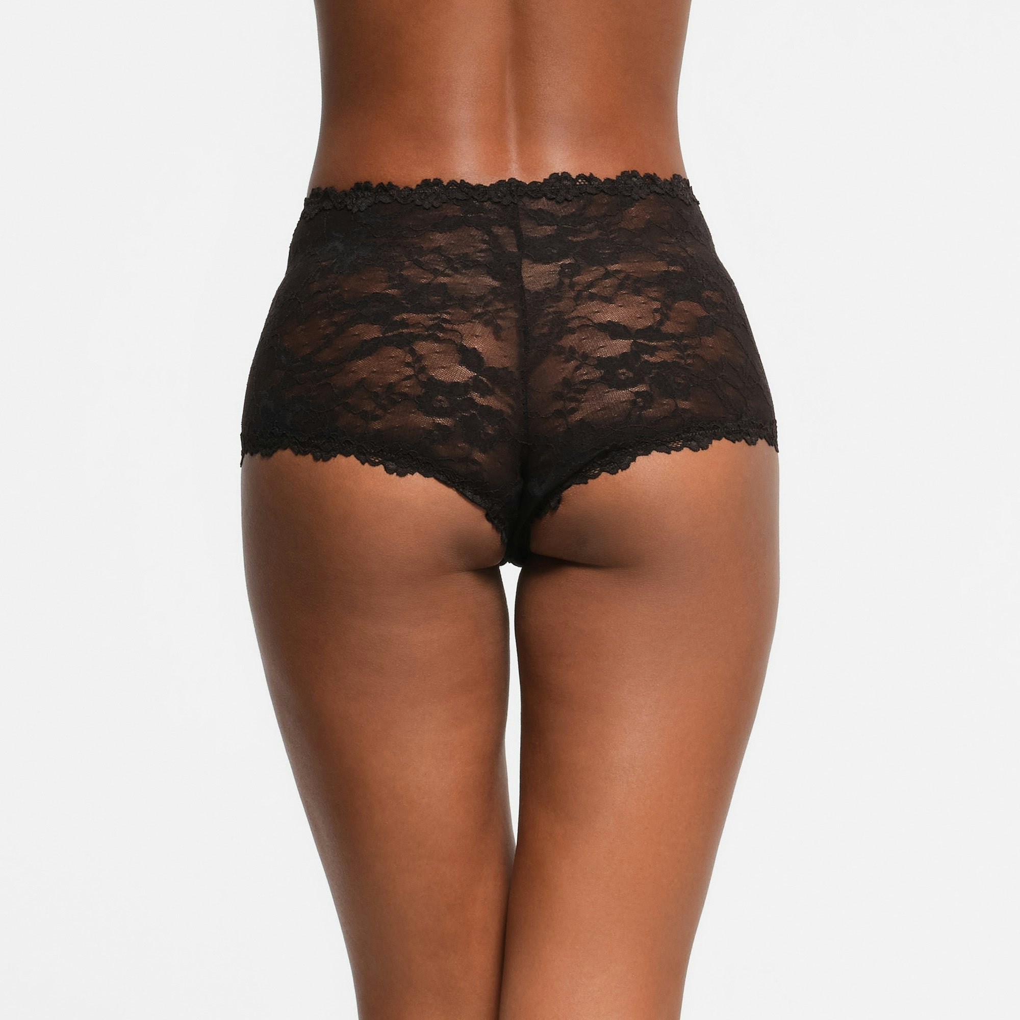 STRETCH LACE BOY SHORT | ONYX (BOY SHORTS) ON A MODEL FRONT VIEW
