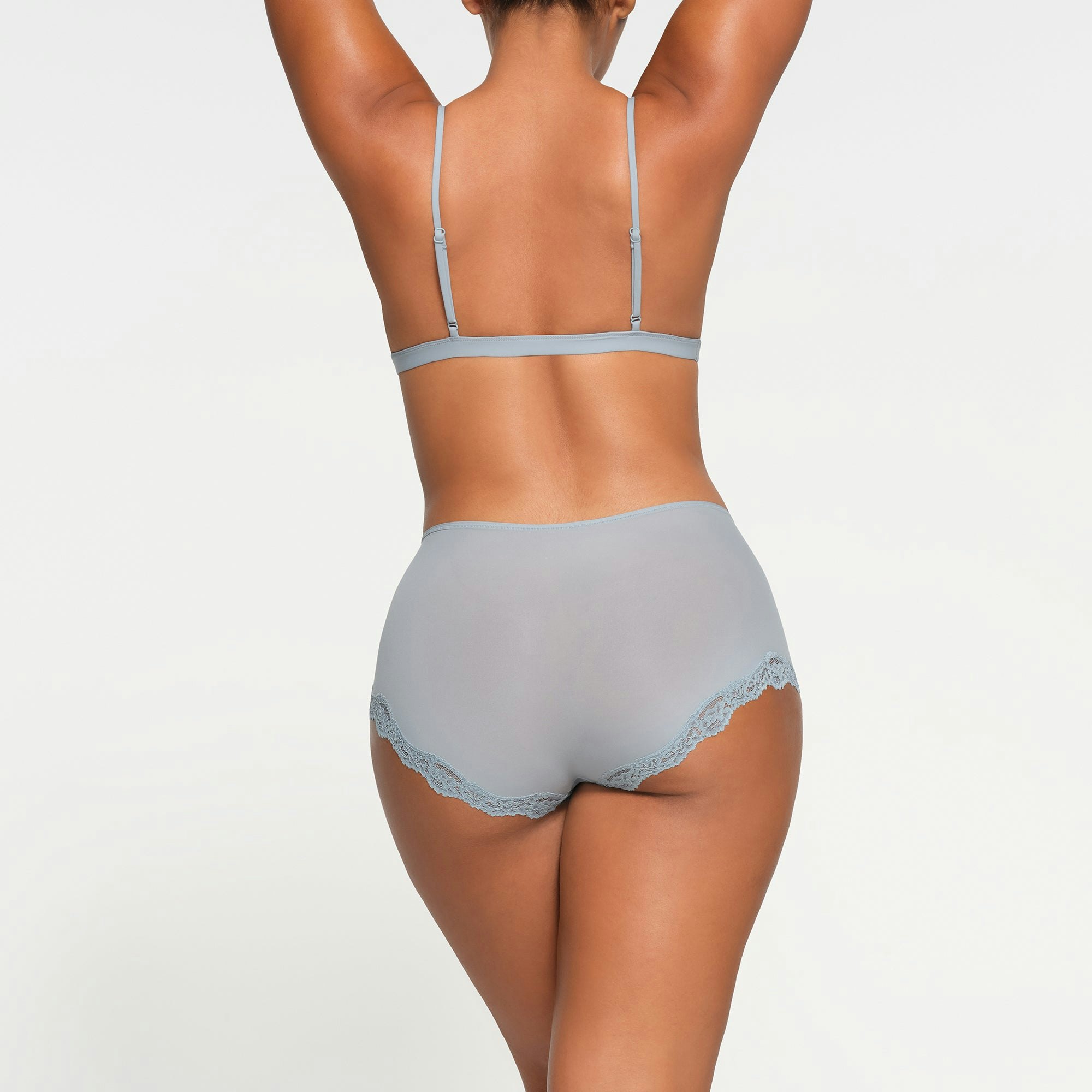 FITS EVERYBODY LACE BOY SHORT | DENIM ON A MODEL BACK VIEW