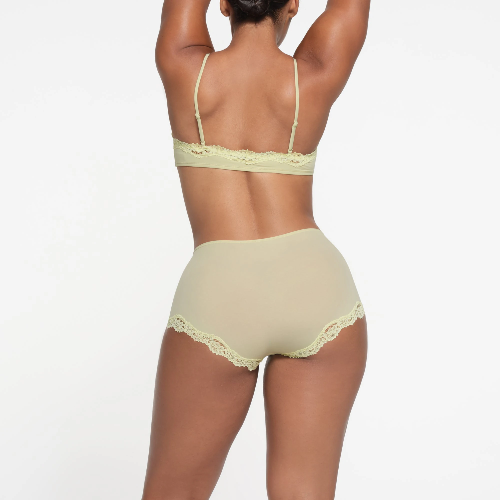 FITS EVERYBODY LACE BOY SHORT | SAGE ON A MODEL BACK VIEW
