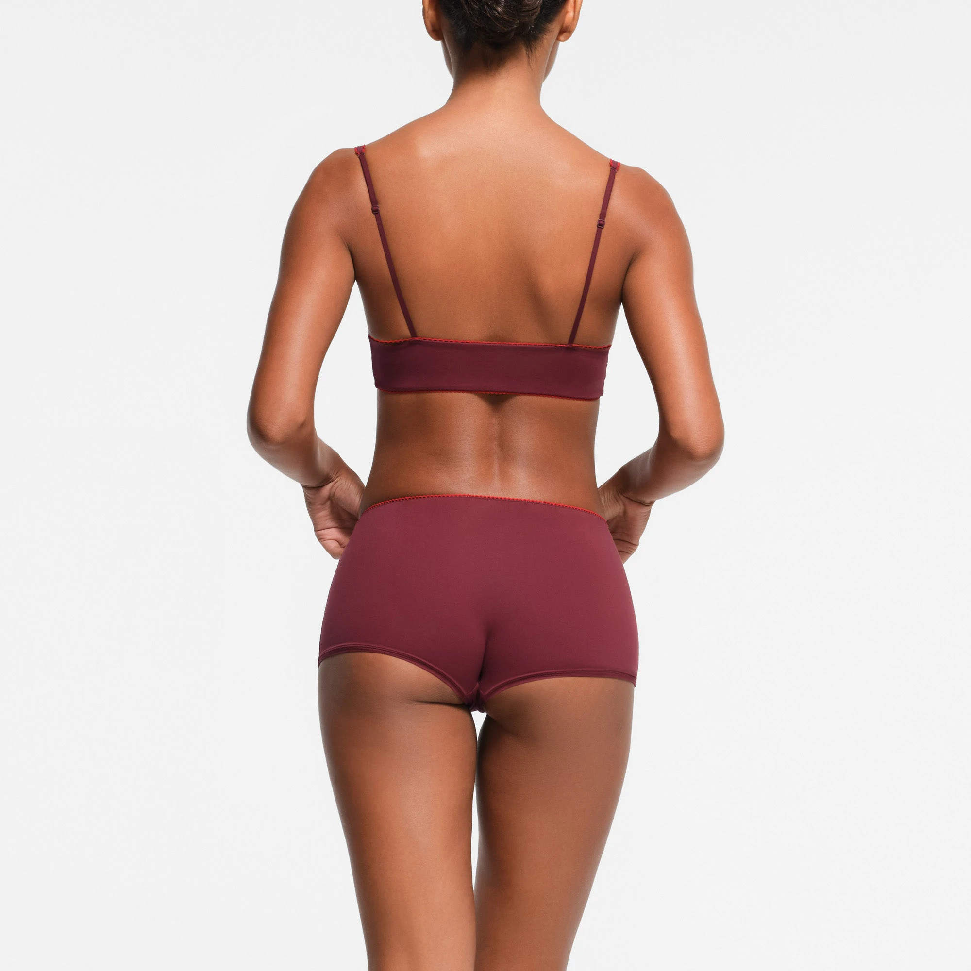 FITS EVERYBODY PICOT TRIM BOY SHORT | WINE CONTRAST ON A MODEL BACK VIEW