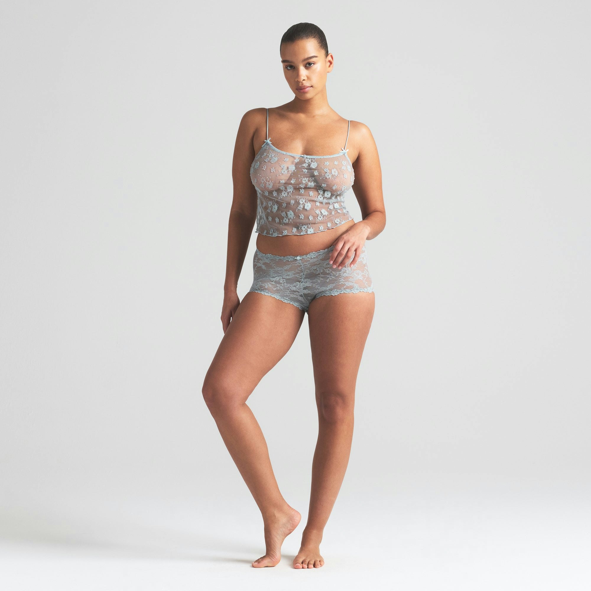 STRETCH LACE BOY SHORT | MERCURY ON A MODEL FRONT VIEW | FOCUS: 0.0, 1.0, 0.9