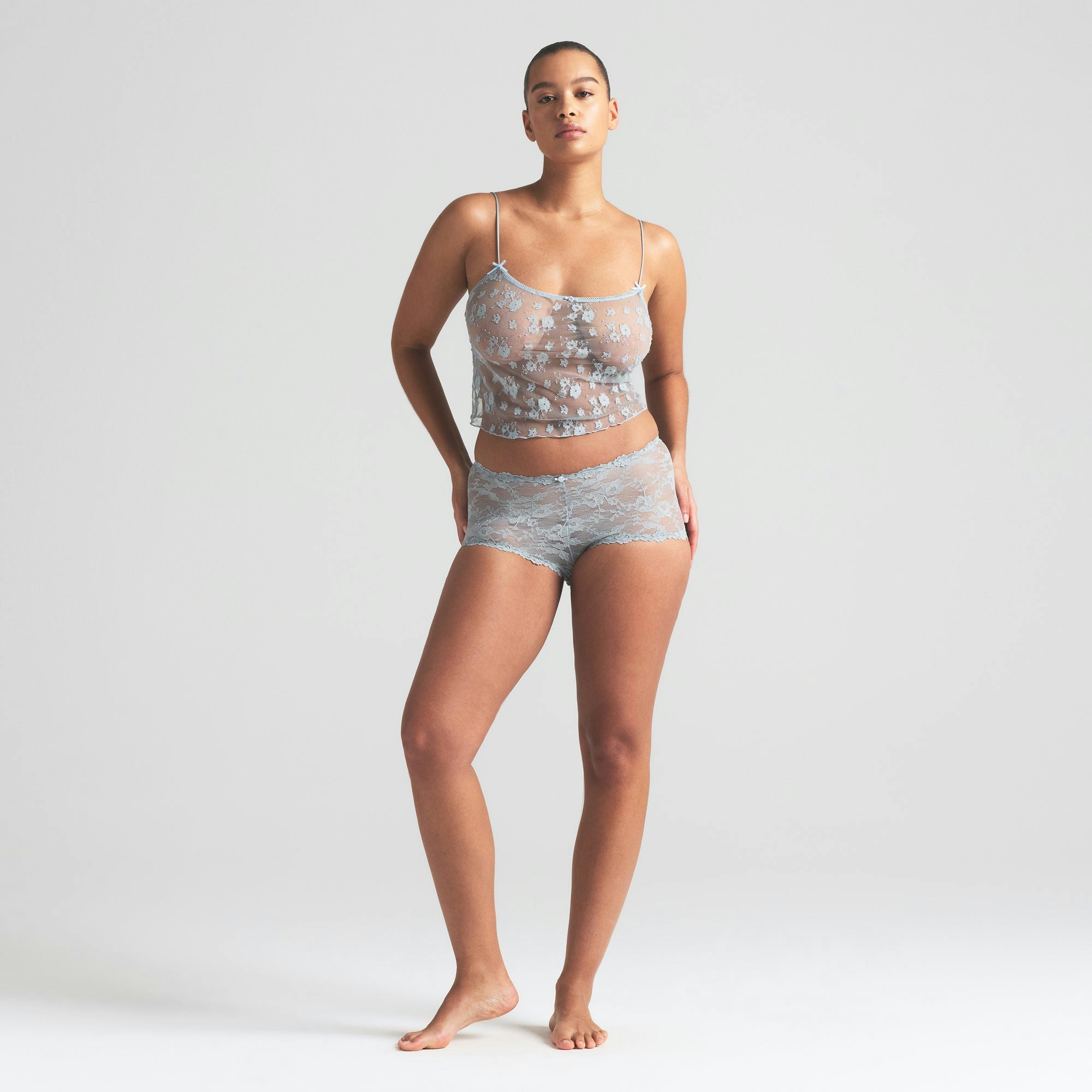 STRETCH LACE BOY SHORT | MERCURY ON A MODEL FRONT VIEW | FOCUS: 0.0, 1.0, 0.9