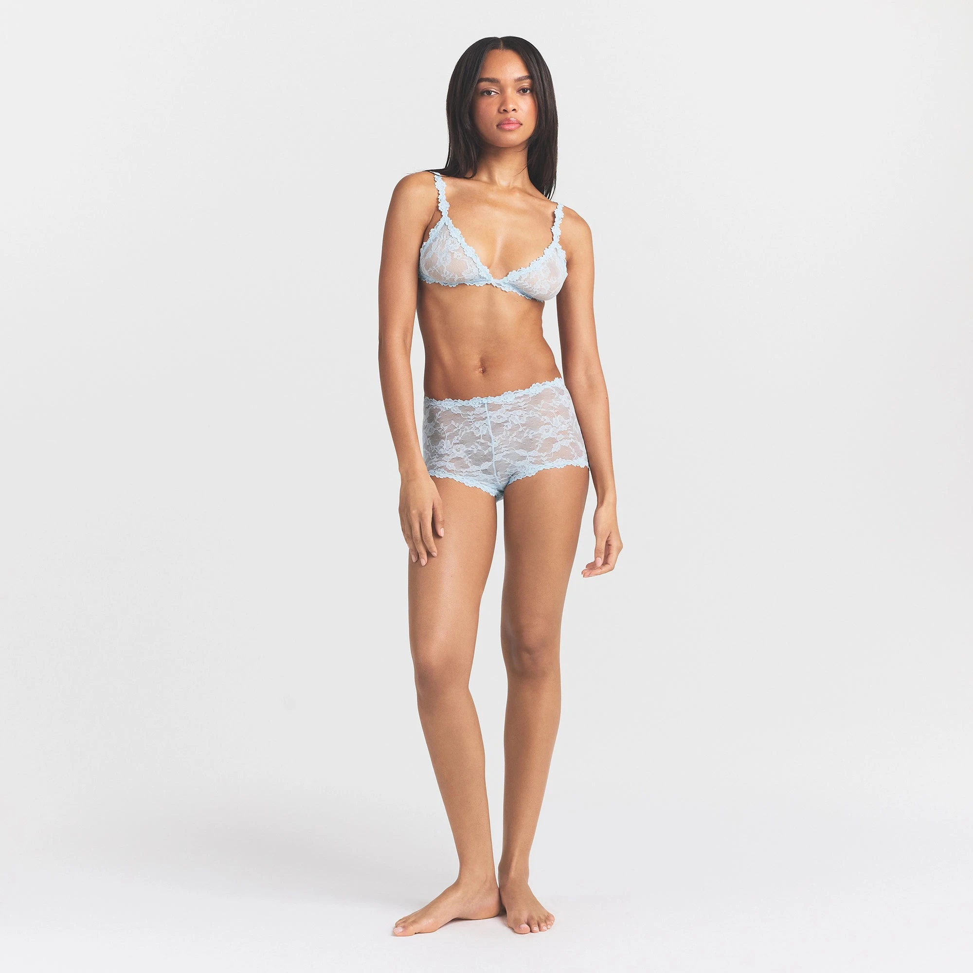 STRETCH LACE BOY SHORT | POWDER BLUE ON A MODEL FRONT VIEW @ | FOCUS: 0.0, 1.0, 0.9