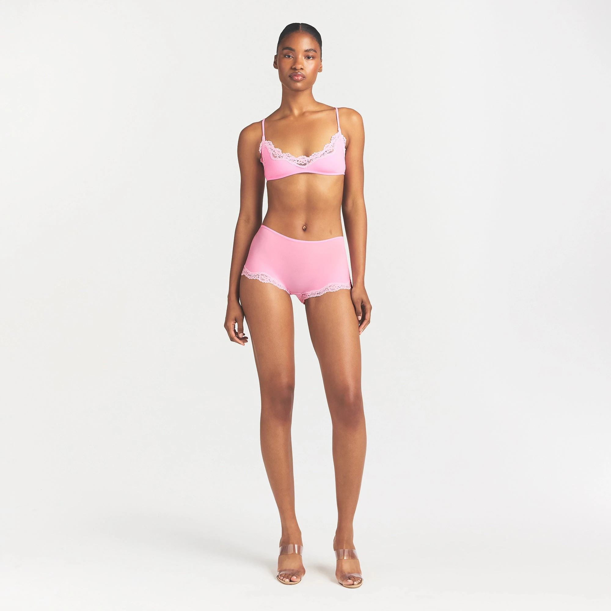 FITS EVERYBODY LACE BOY SHORT | BUBBLE GUM TONAL ON A MODEL FRONT VIEW @ | FOCUS: 0.0, 1.0, 0.9