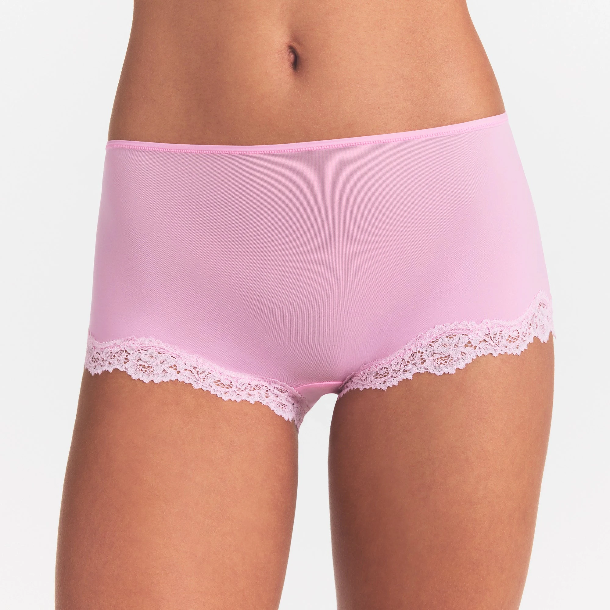 FITS EVERYBODY LACE BOY SHORT | BUBBLE GUM TONAL ON A MODEL SIDE VIEW