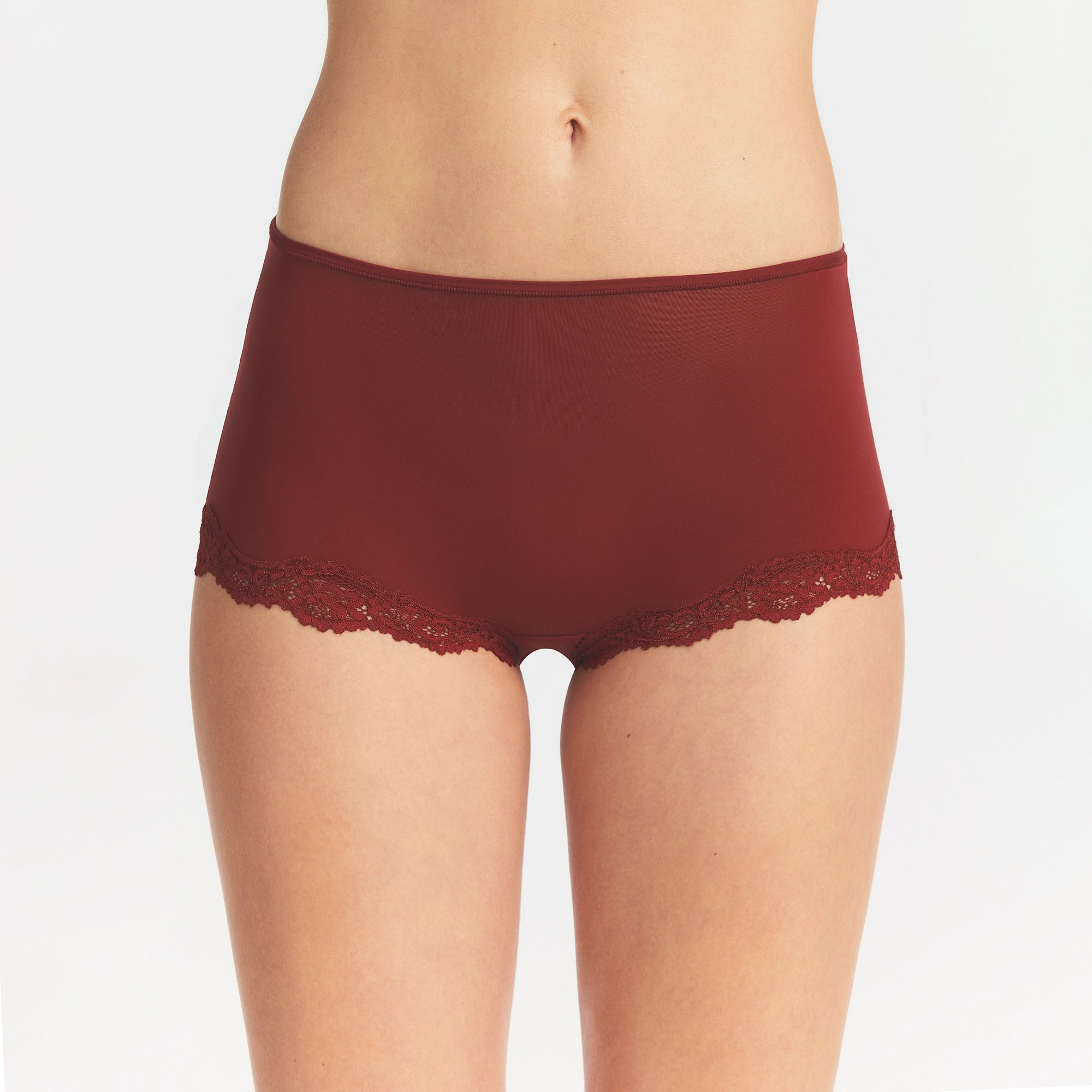 FITS EVERYBODY LACE BOY SHORT | MERLOT ON A MODEL FRONT VIEW @ | FOCUS: 0.0, 1.0, 0.9