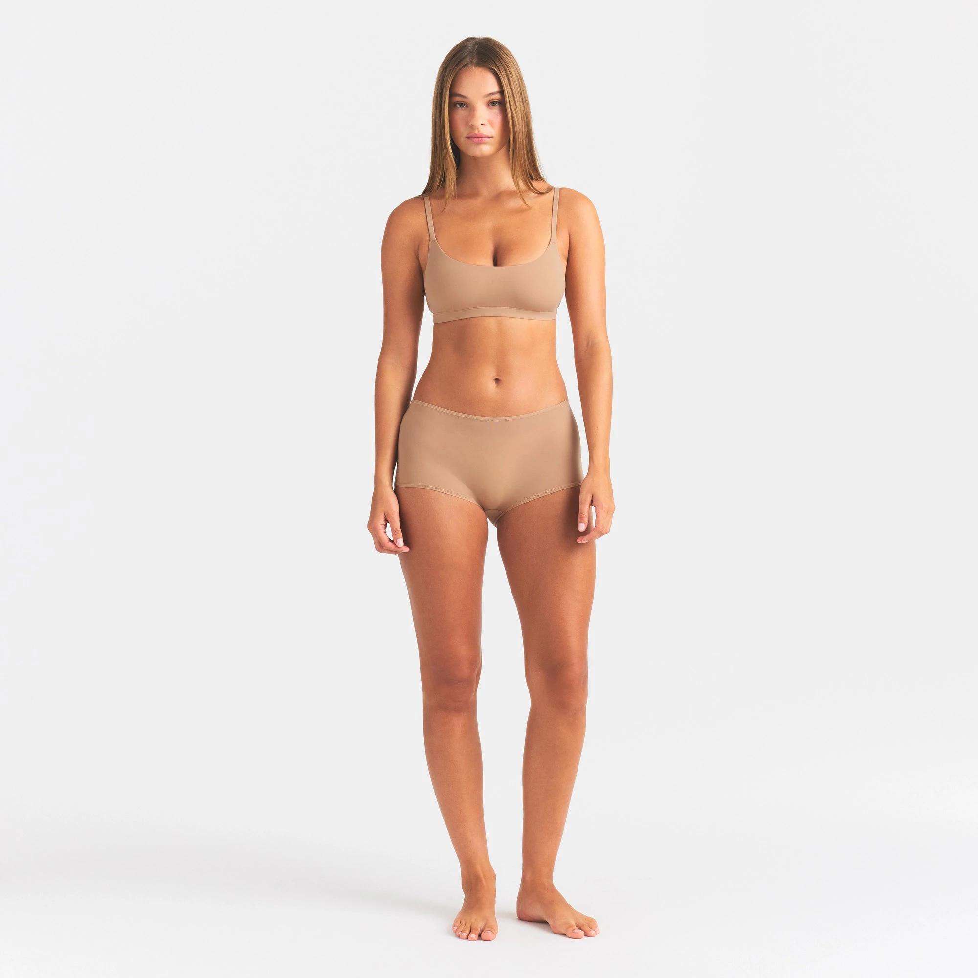 FITS EVERYBODY BOY SHORT | OCHRE ON A MODEL FRONT VIEW