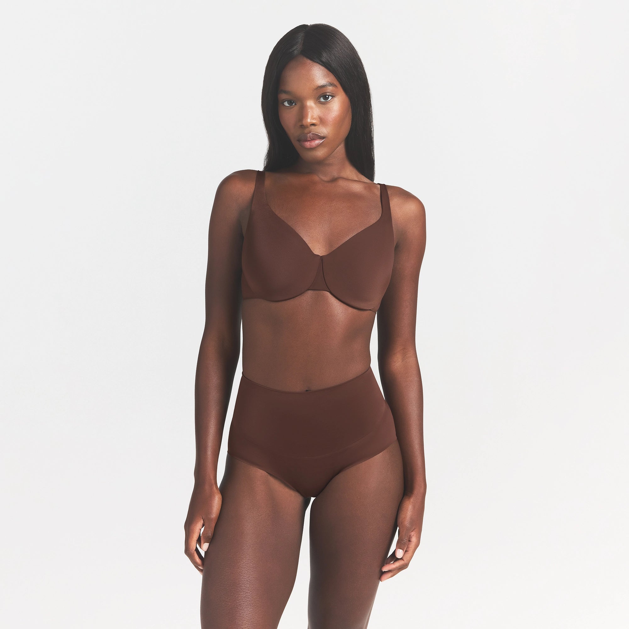 SMOOTHING INTIMATES HIGH-WAISTED BRIEF | COCOA ON A MODEL FRONT VIEW @ | FOCUS: 0.0, 1.0, 0.9