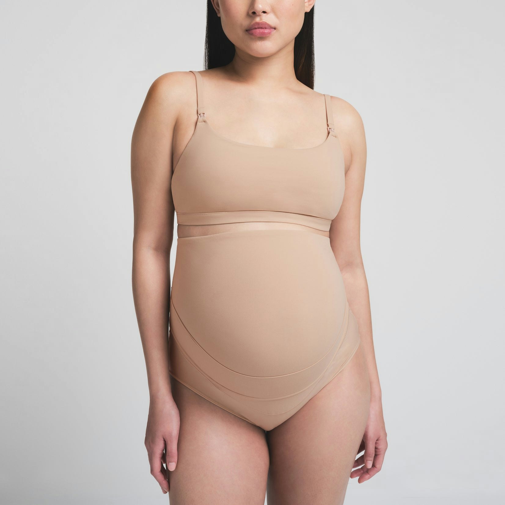 FITS EVERYBODY MATERNITY BANDED HIGH-WAISTED BRIEF | CLAY ON A MODEL SIDE VIEW | FOCUS: 0.0, 1.0, 0.9