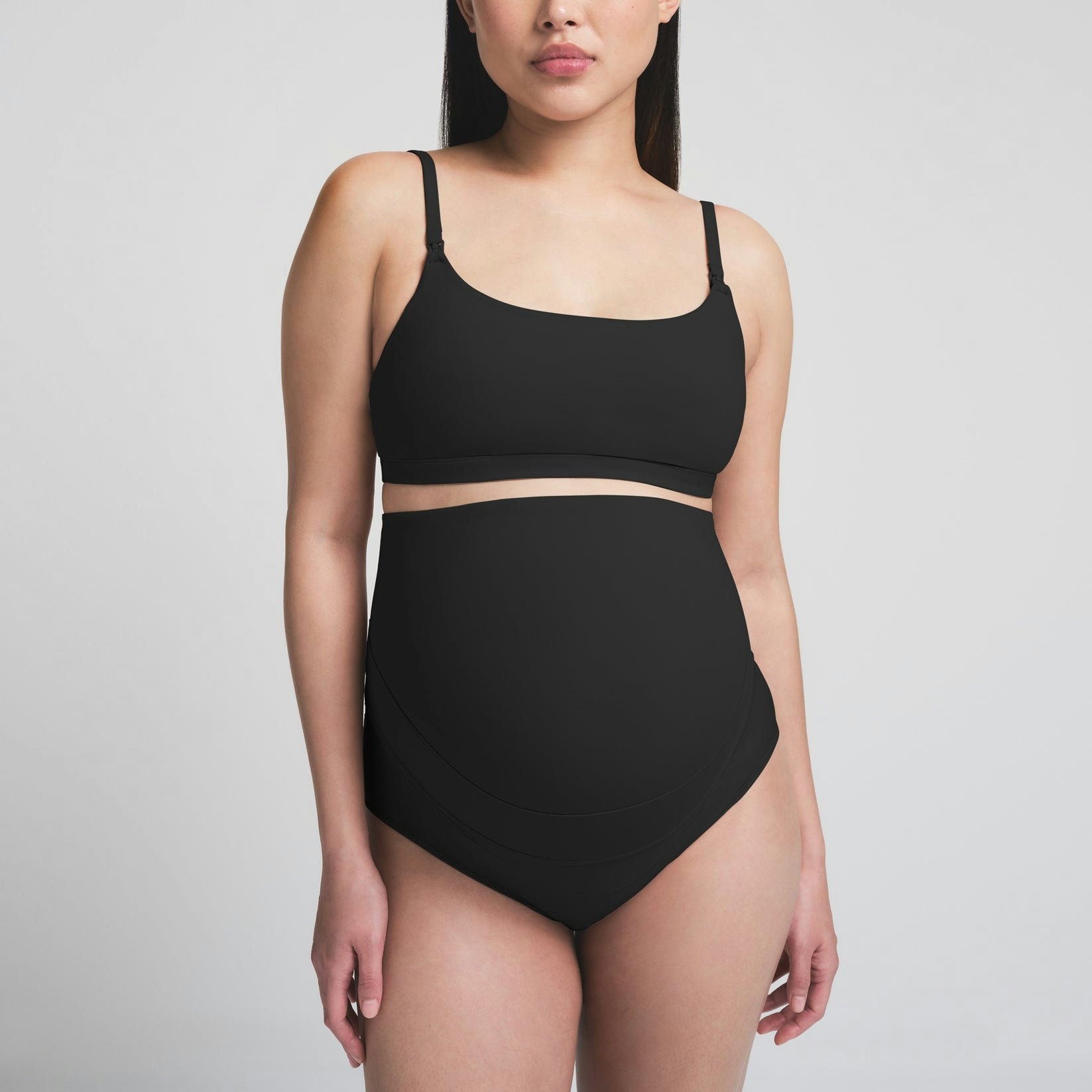 FITS EVERYBODY MATERNITY BANDED HIGH-WAISTED BRIEF | ONYX ON A MODEL SIDE VIEW | FOCUS: 0.0, 1.0, 0.9