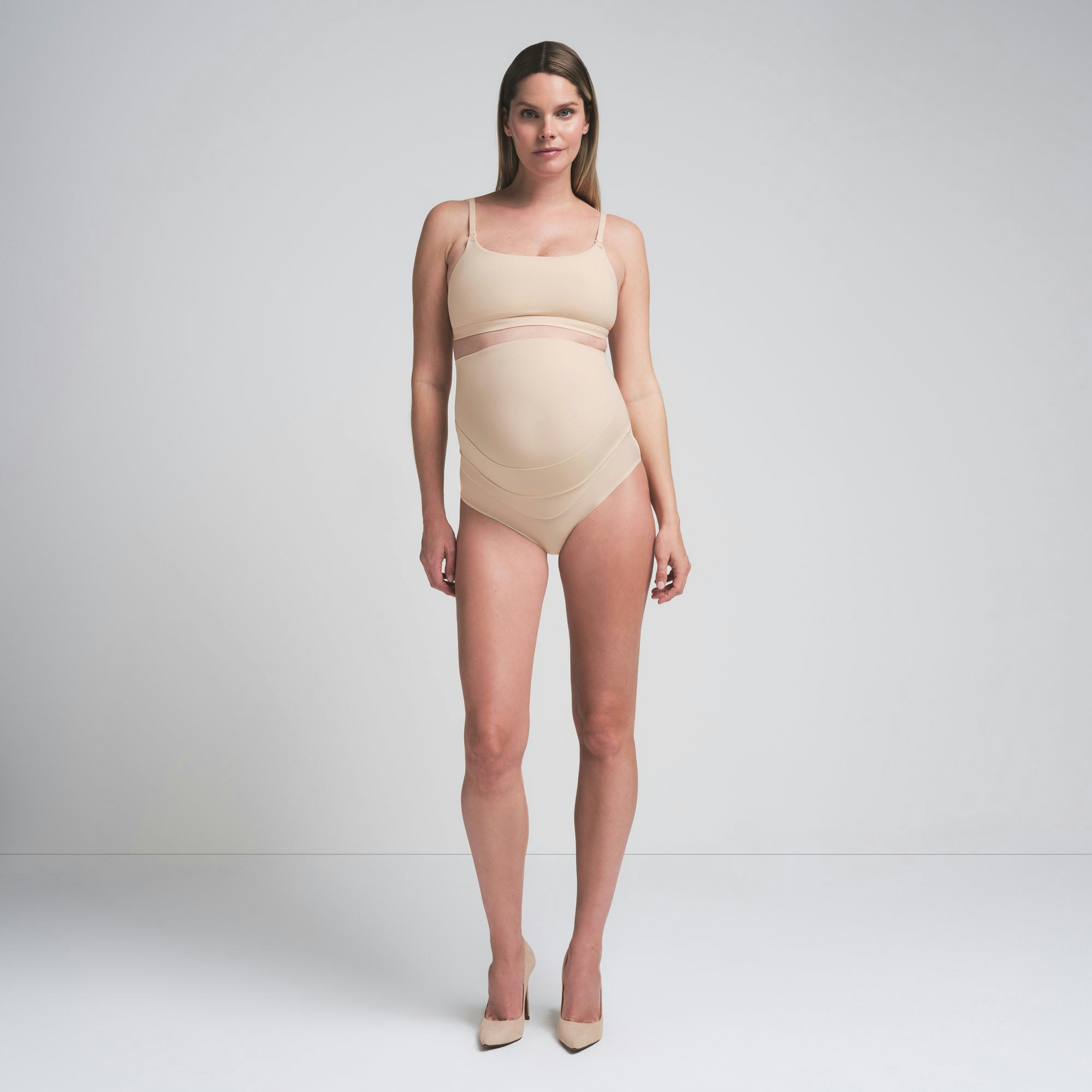 FITS EVERYBODY MATERNITY BANDED HIGH-WAISTED BRIEF | SAND ON A MODEL FRONT VIEW | FOCUS: 0.0, 1.0, 0.9