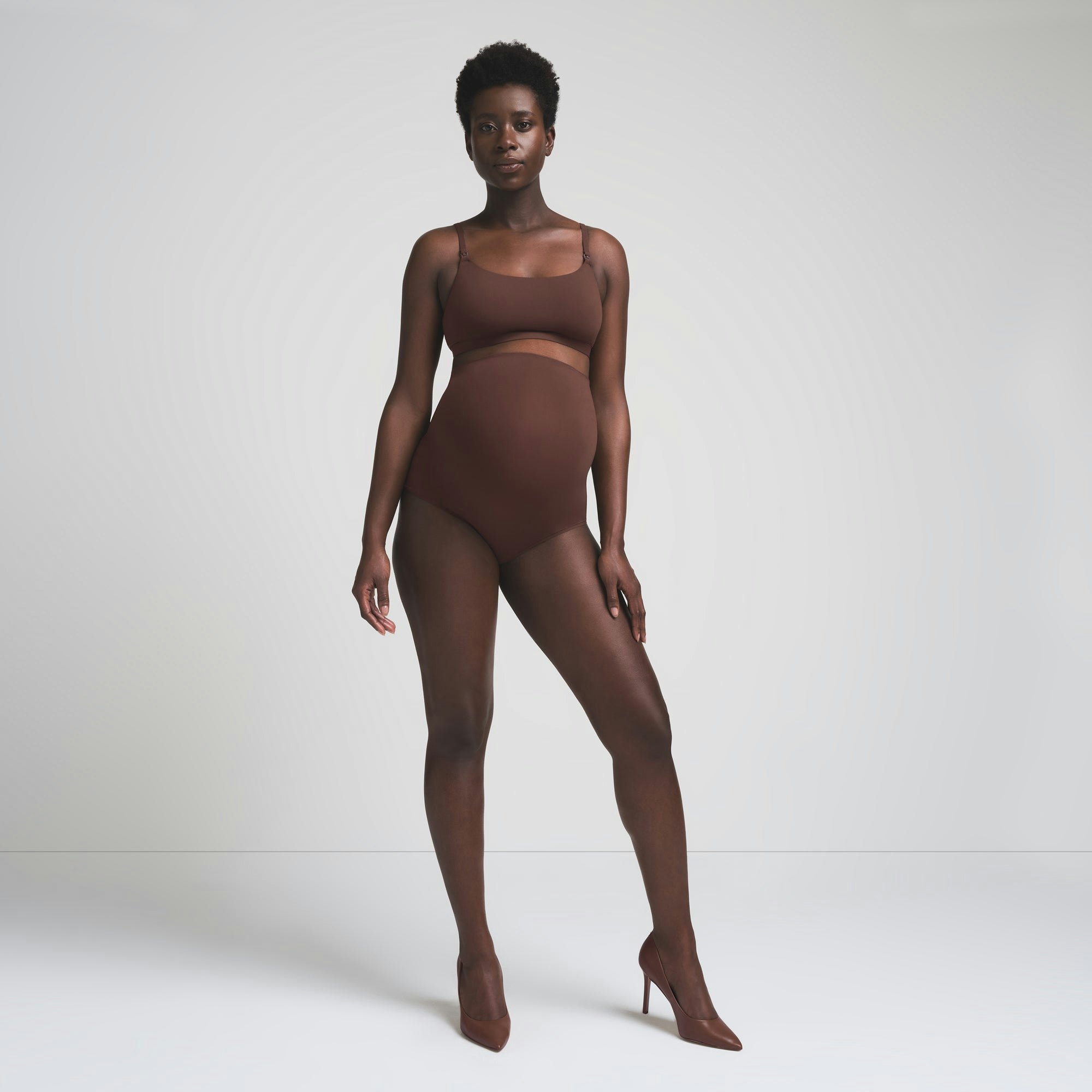 FITS EVERYBODY MATERNITY HIGH-WAISTED BRIEF | COCOA ON A MODEL FRONT VIEW | FOCUS: 0.0, 1.0, 0.9