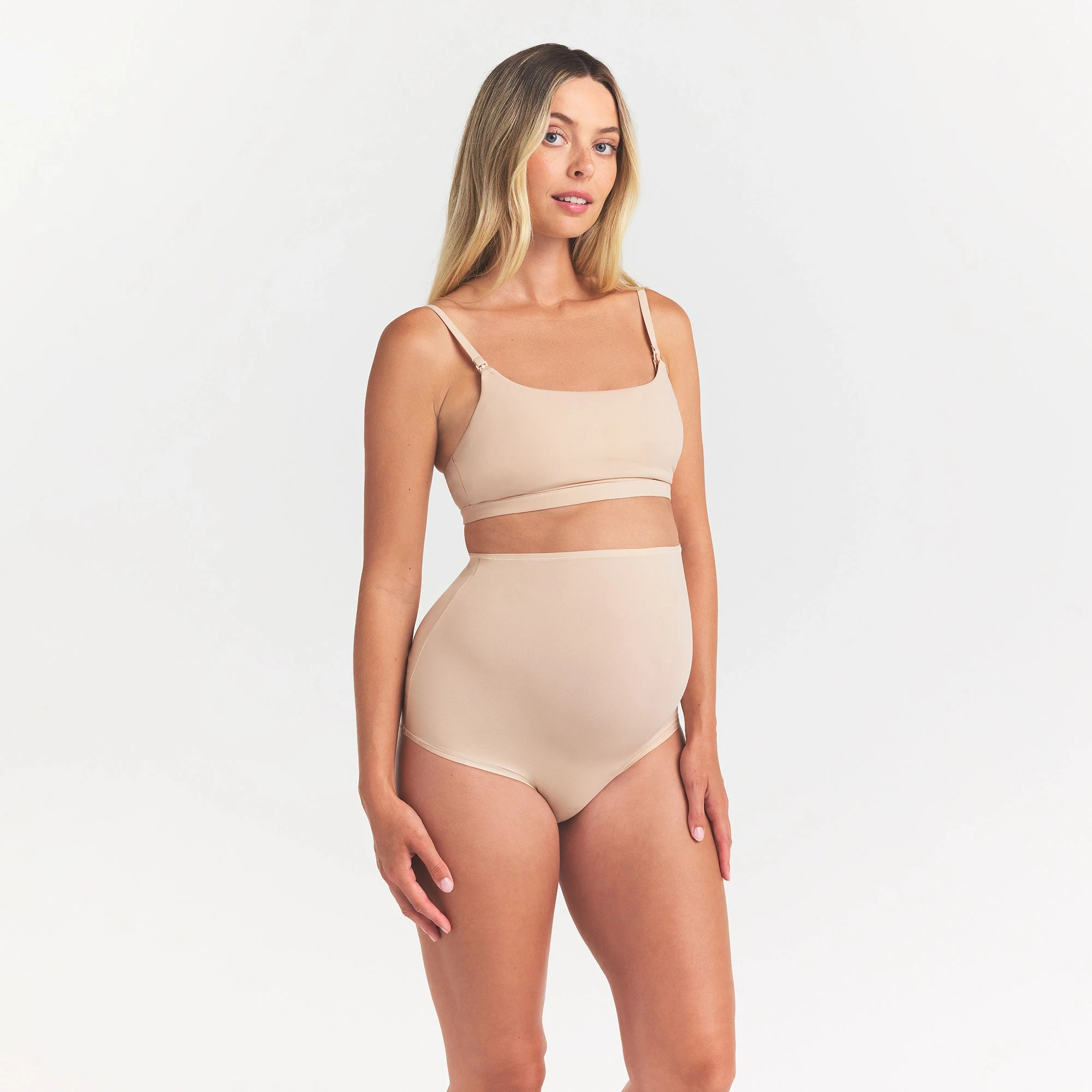 FITS EVERYBODY MATERNITY HIGH-WAISTED BRIEF | SAND ON A MODEL FRONT VIEW @ | FOCUS: 0.0, 1.0, 0.9
