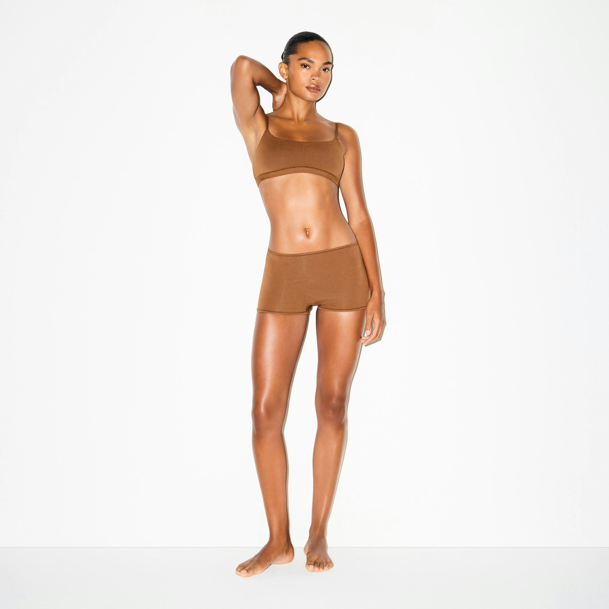 COTTON JERSEY BOY SHORT | CHAI ON A MODEL FRONT VIEW @ | FOCUS: 0.0, 1.0, 0.9