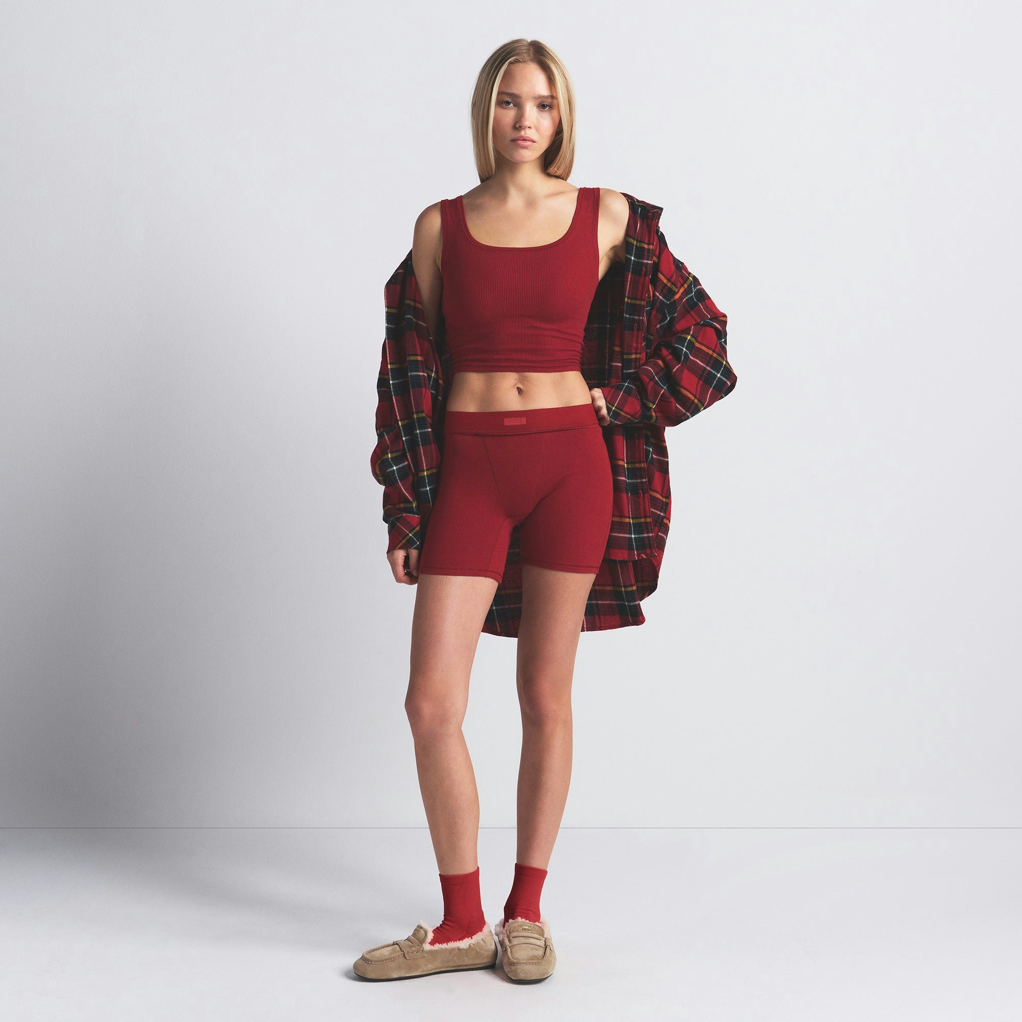 COTTON RIB BOXER | BRICK ON A MODEL FRONT VIEW @ | FOCUS: 0.0, 1.0, 0.9