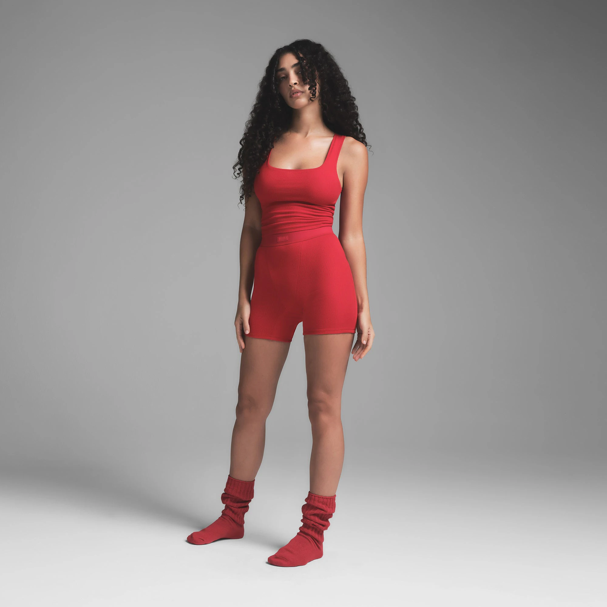 COTTON RIB BOXER | CRANBERRY ON A MODEL SIDE VIEW