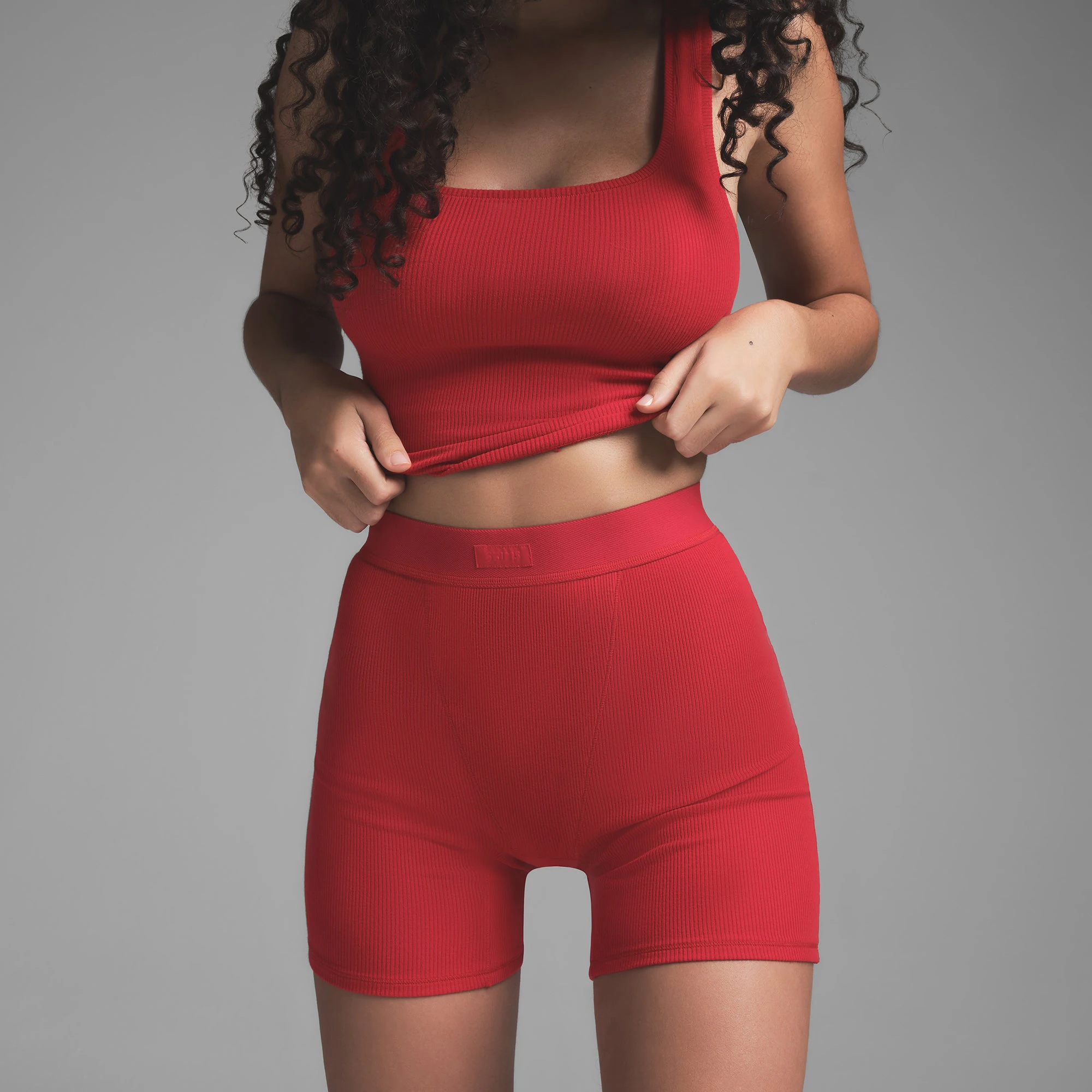 COTTON RIB BOXER | CRANBERRY ON A MODEL SIDE VIEW