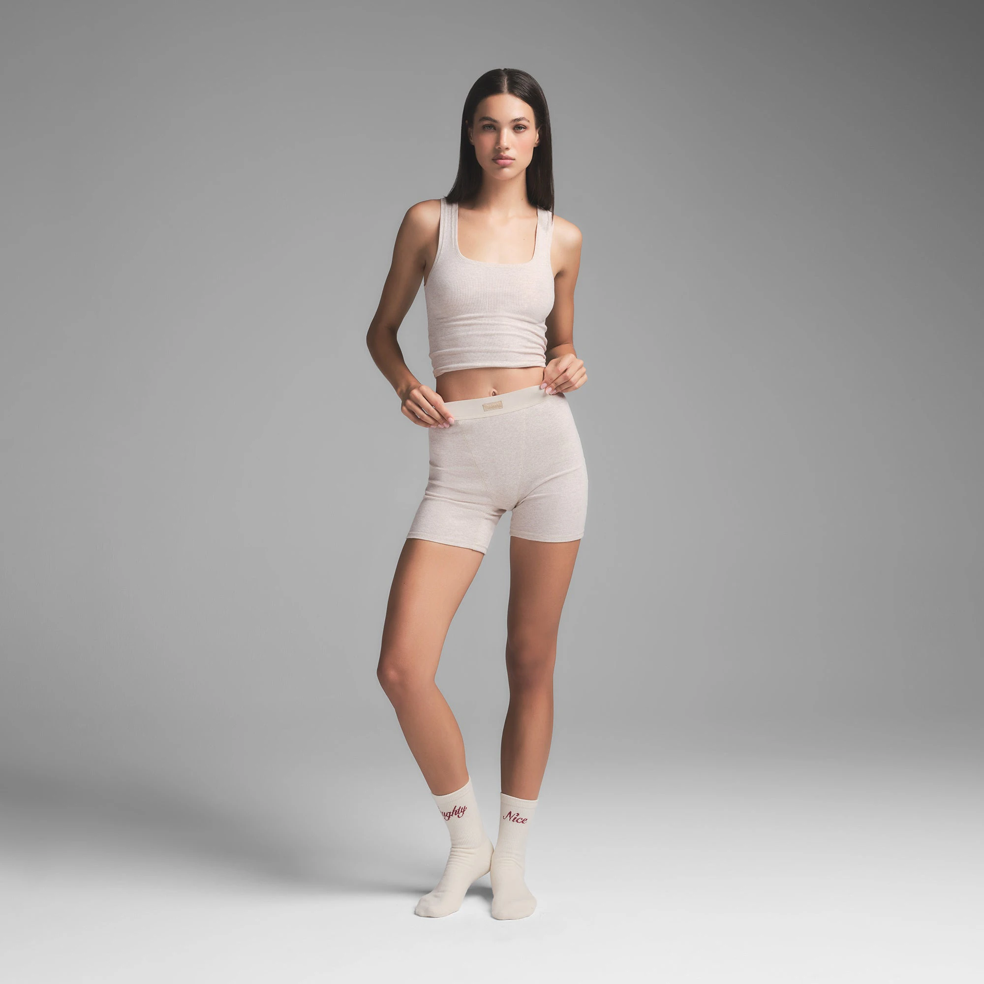 COTTON RIB BOXER | HEATHER OATMEAL ON A MODEL FRONT VIEW | FOCUS: 0.0, 1.0, 0.9