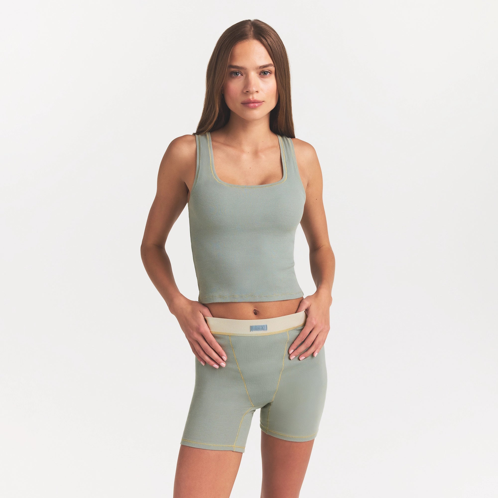 COTTON RIB BOXER | MINERAL ON A MODEL FRONT VIEW