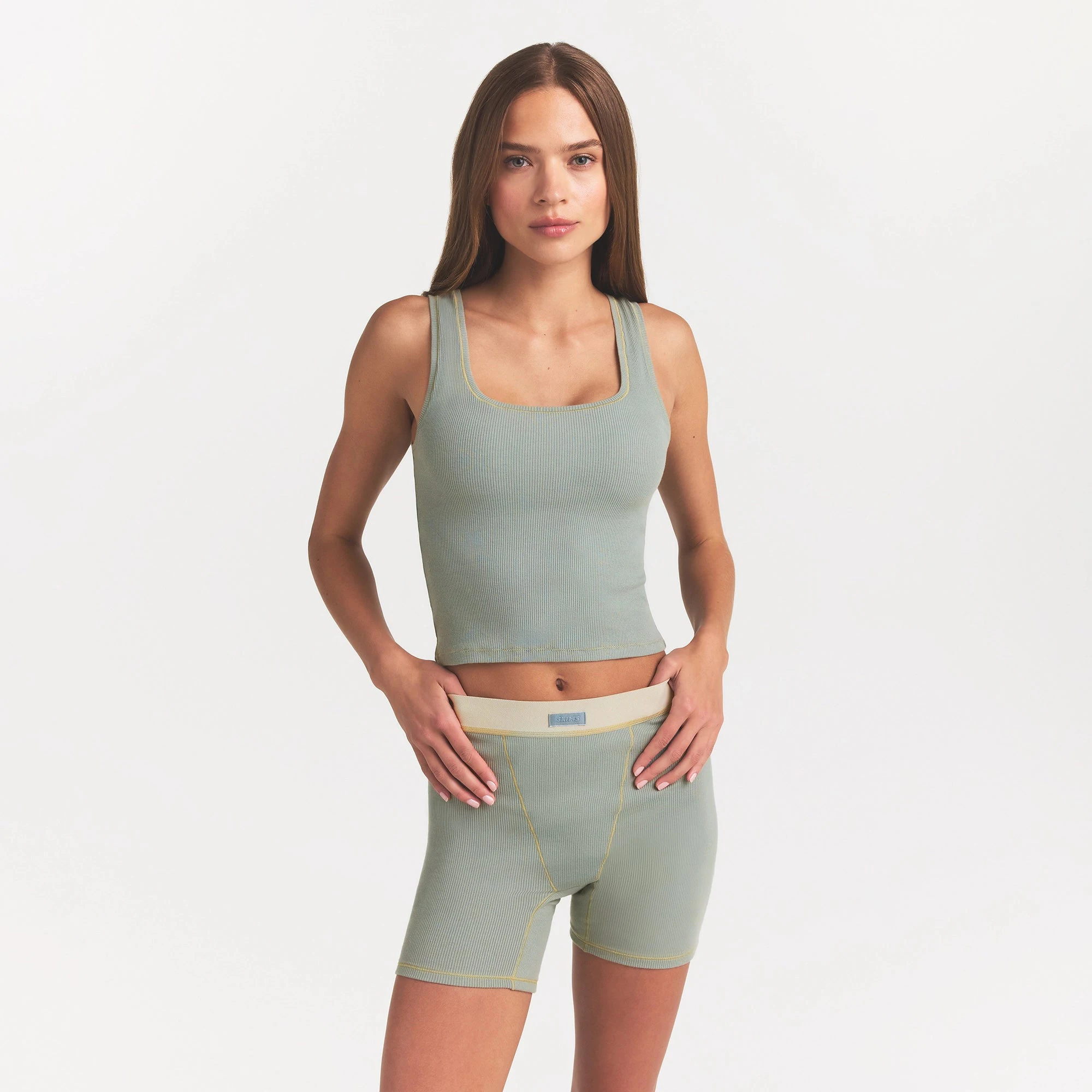 COTTON RIB BOXER | MINERAL ON A MODEL FRONT VIEW