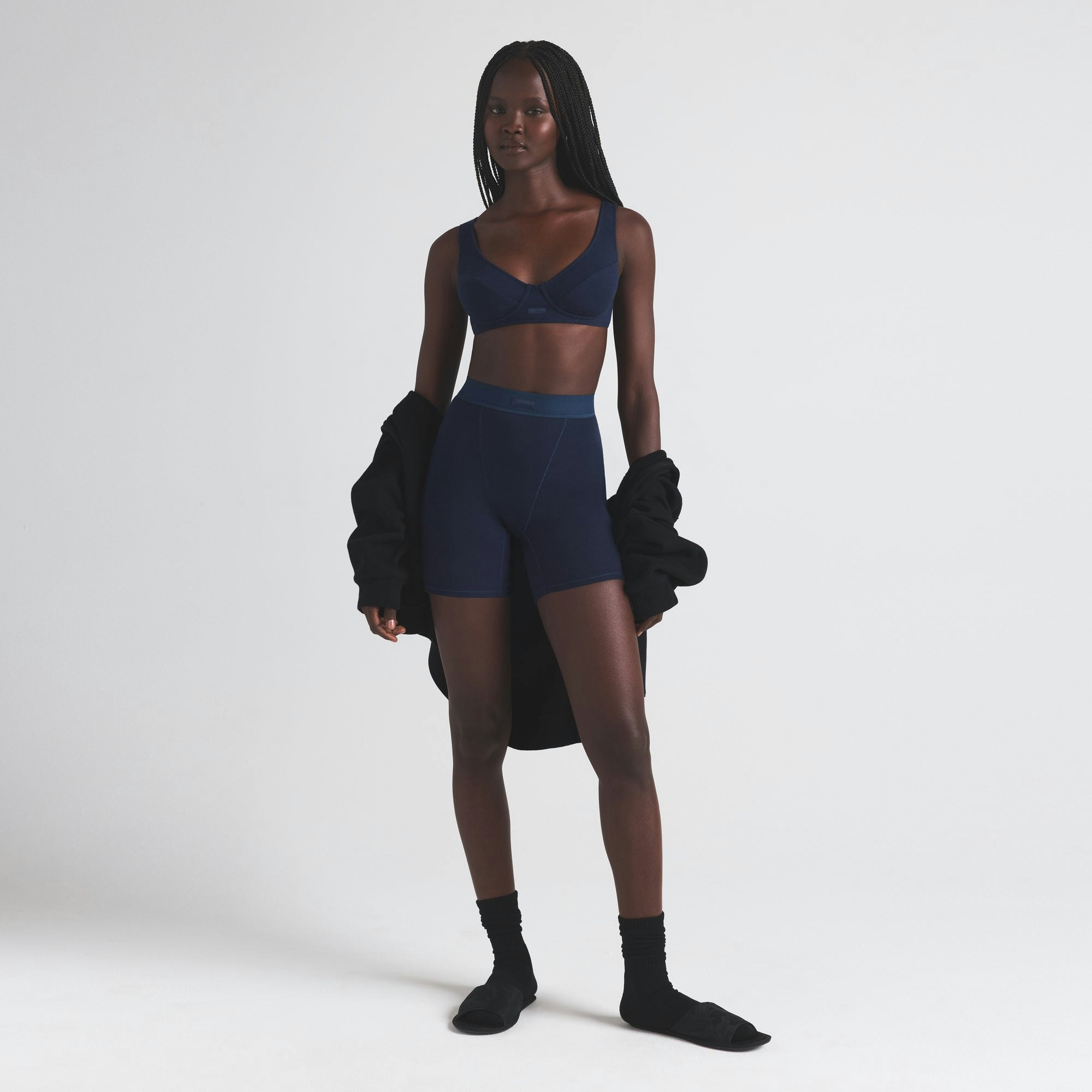 COTTON RIB BOXER | NAVY ON A MODEL FRONTVIEW | FOCUS: 0.0, 1.0, 0.9