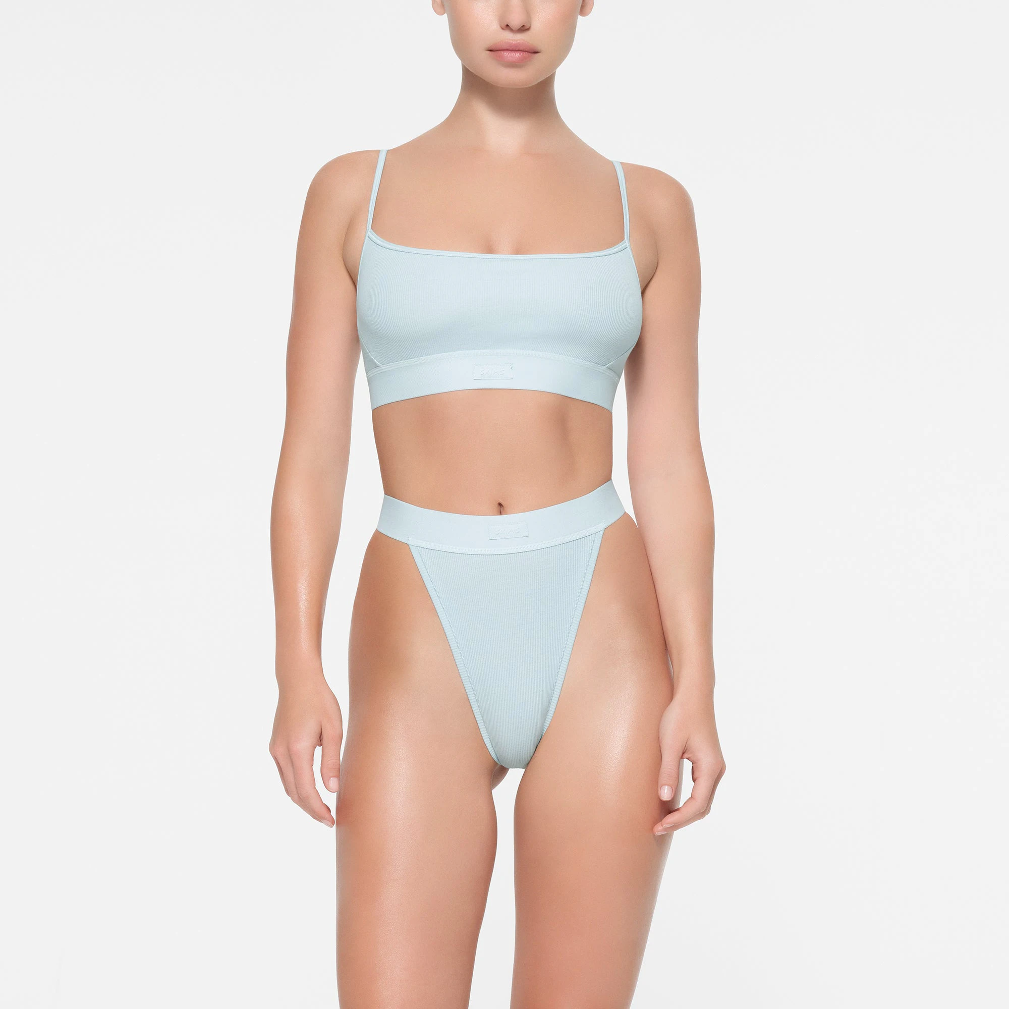 COTTON RIB THONG | OPAL ON A MODEL FRONT VIEW