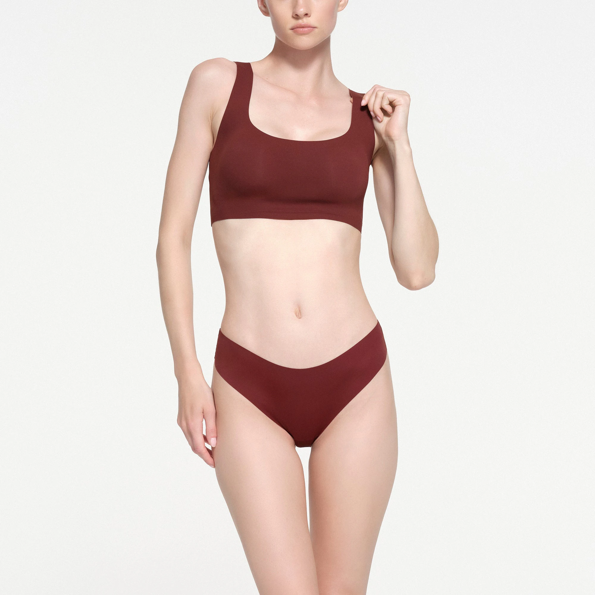 NAKED DIPPED THONG | OXBLOOD ON A MODEL FRONT VIEW