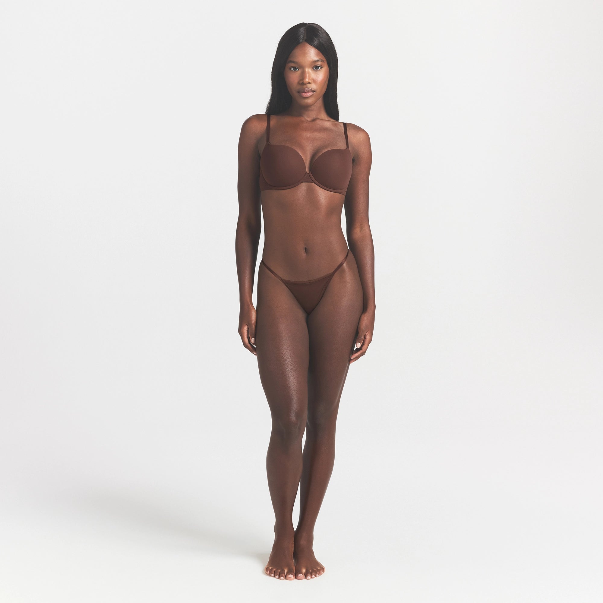 FITS EVERYBODY T-STRING THONG | COCOA ON A MODEL FRONT VIEW
