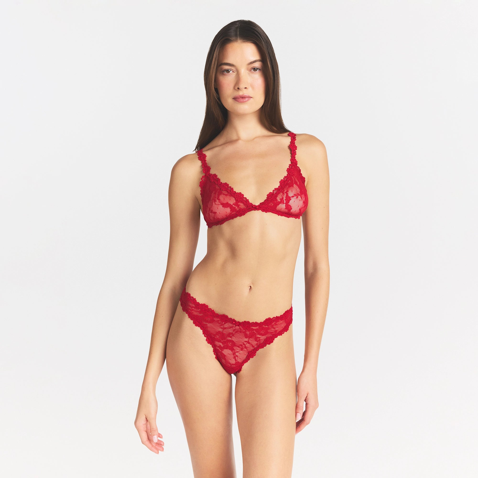 STRETCH LACE DIPPED THONG | CARDINAL ON A MODEL FRONT VIEW @ | FOCUS: 0.0, 1.0, 0.9