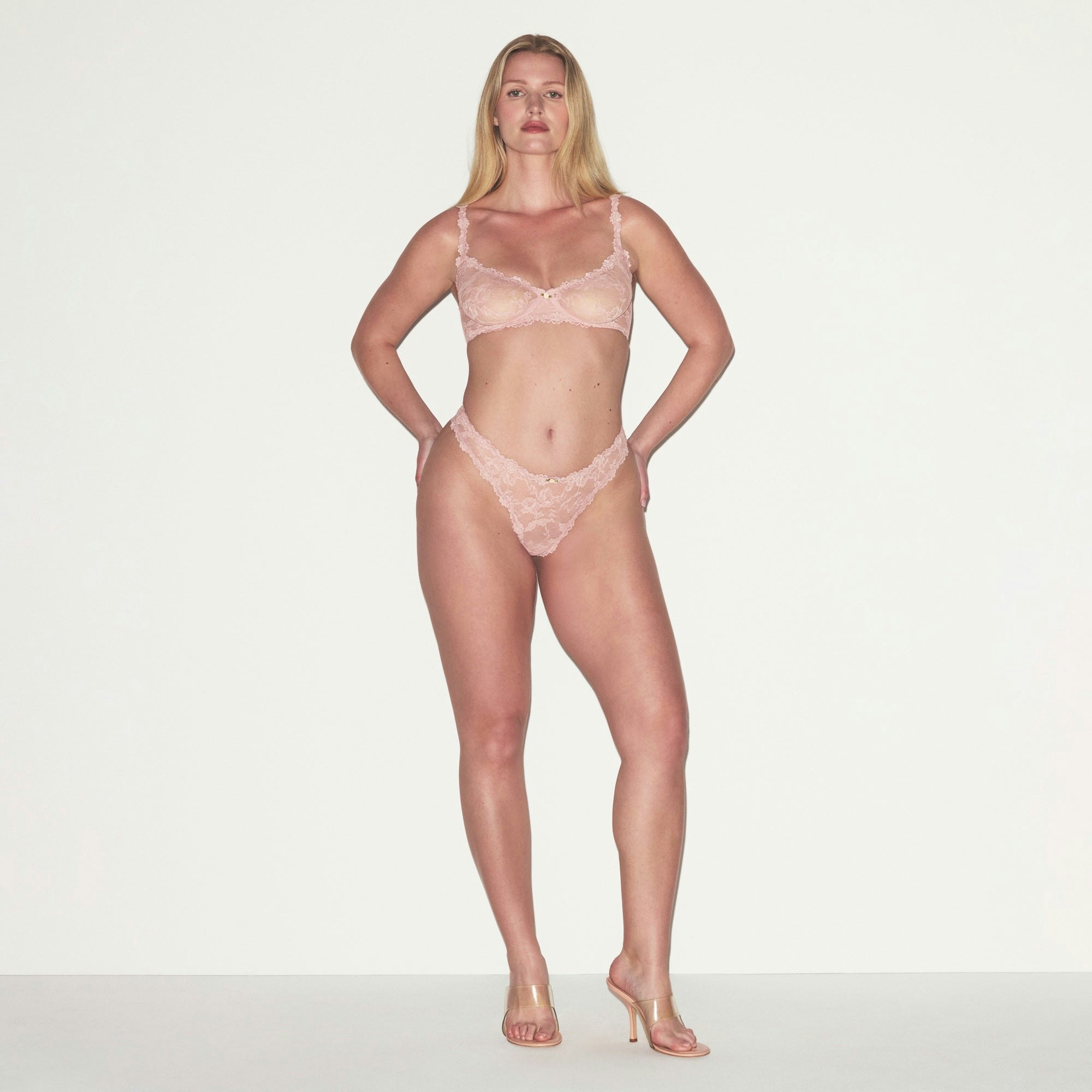 STRETCH LACE DIPPED THONG | MORGANITE ON A MODEL FRONT VIEW @ | FOCUS: 0.0, 1.0, 0.9