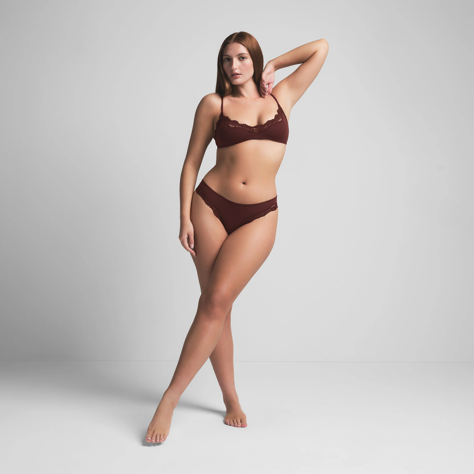FITS EVERYBODY LACE TANGA | OXBLOOD ON A MODEL FRONT VIEW | FOCUS: 0.0, 1.0, 0.9