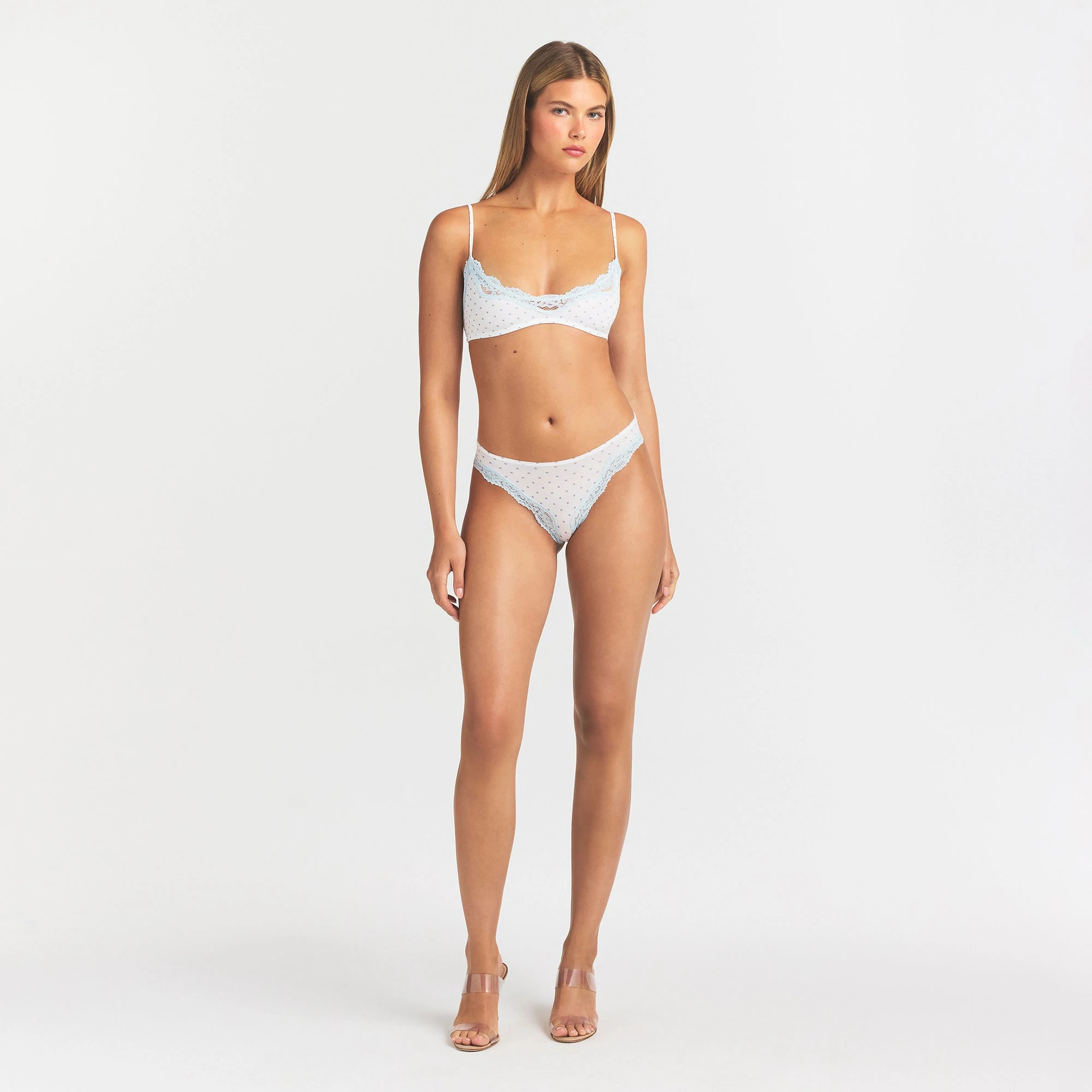 FITS EVERYBODY LACE TANGA | SLATE PIN DOT PRINT ON A MODEL FRONT VIEW @ | FOCUS: 0.0, 1.0, 0.9