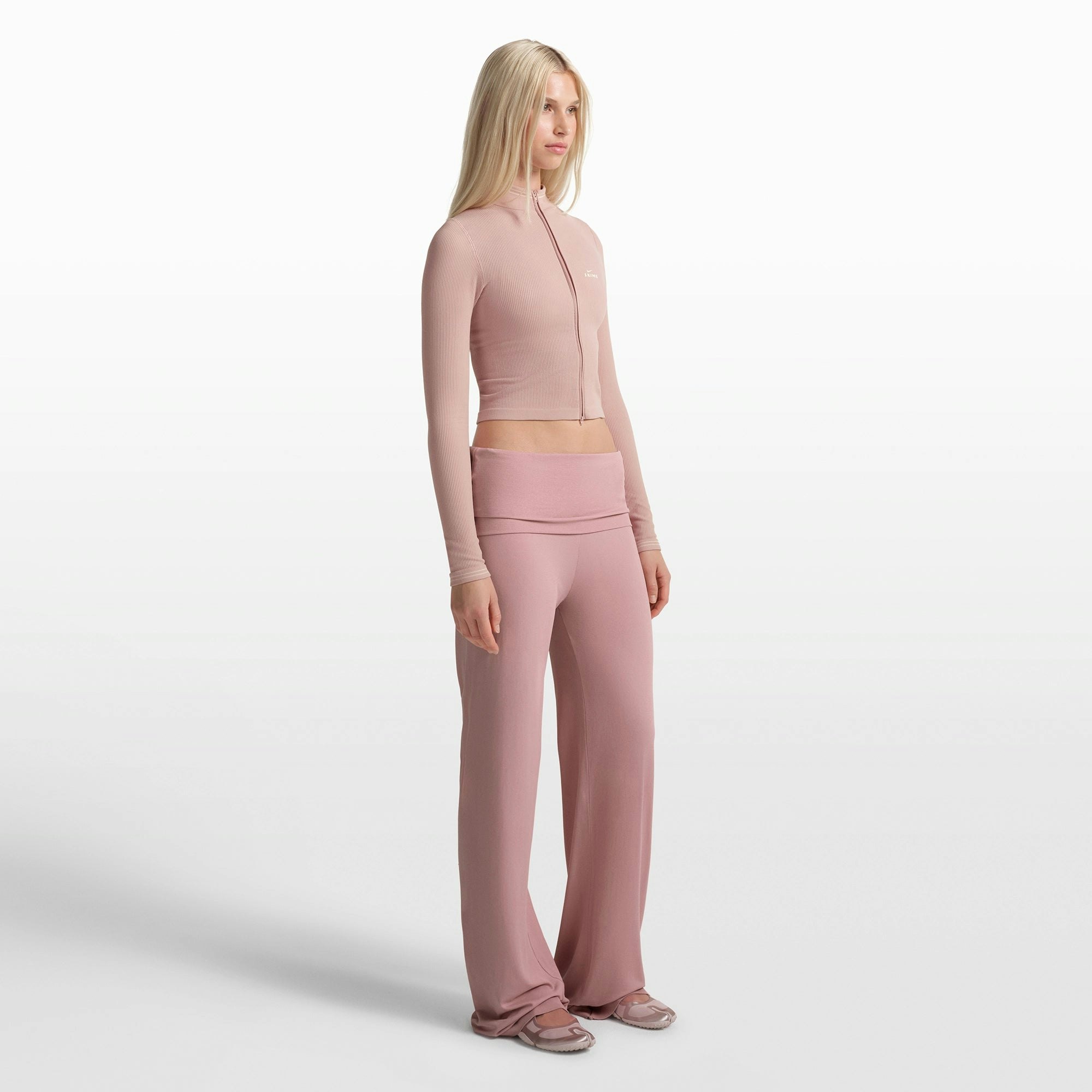 NikeSKIMS STRETCH KNIT FOLDOVER WIDE LEG PANT | HIMALAYAN ON A MODEL FRONT VIEW @ | FOCUS: 0.0, 1.0, 0.9
