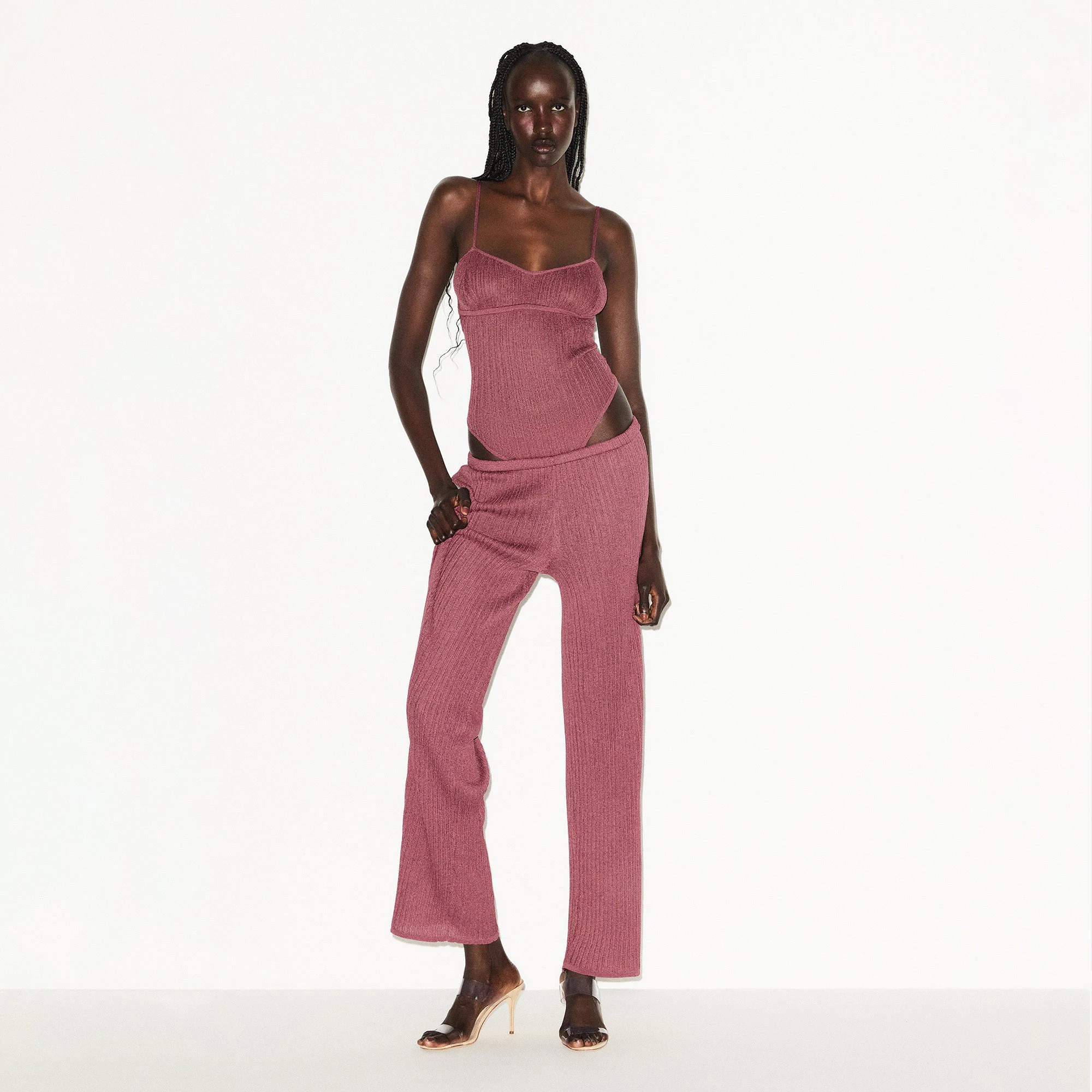 SHEER KNIT STRAIGHT LEG PANT | BEET ON A MODEL FRONT VIEW @ | FOCUS: 0.0, 1.0, 0.9
