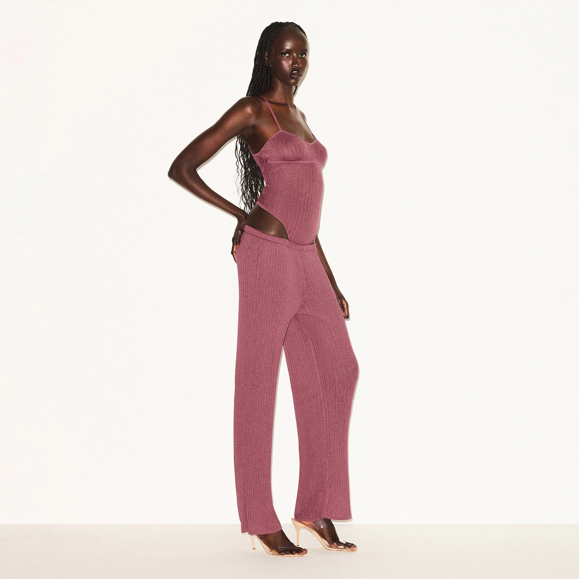 SHEER KNIT STRAIGHT LEG PANT | BEET ON A MODEL FRONT VIEW @ | FOCUS: 0.0, 1.0, 0.9