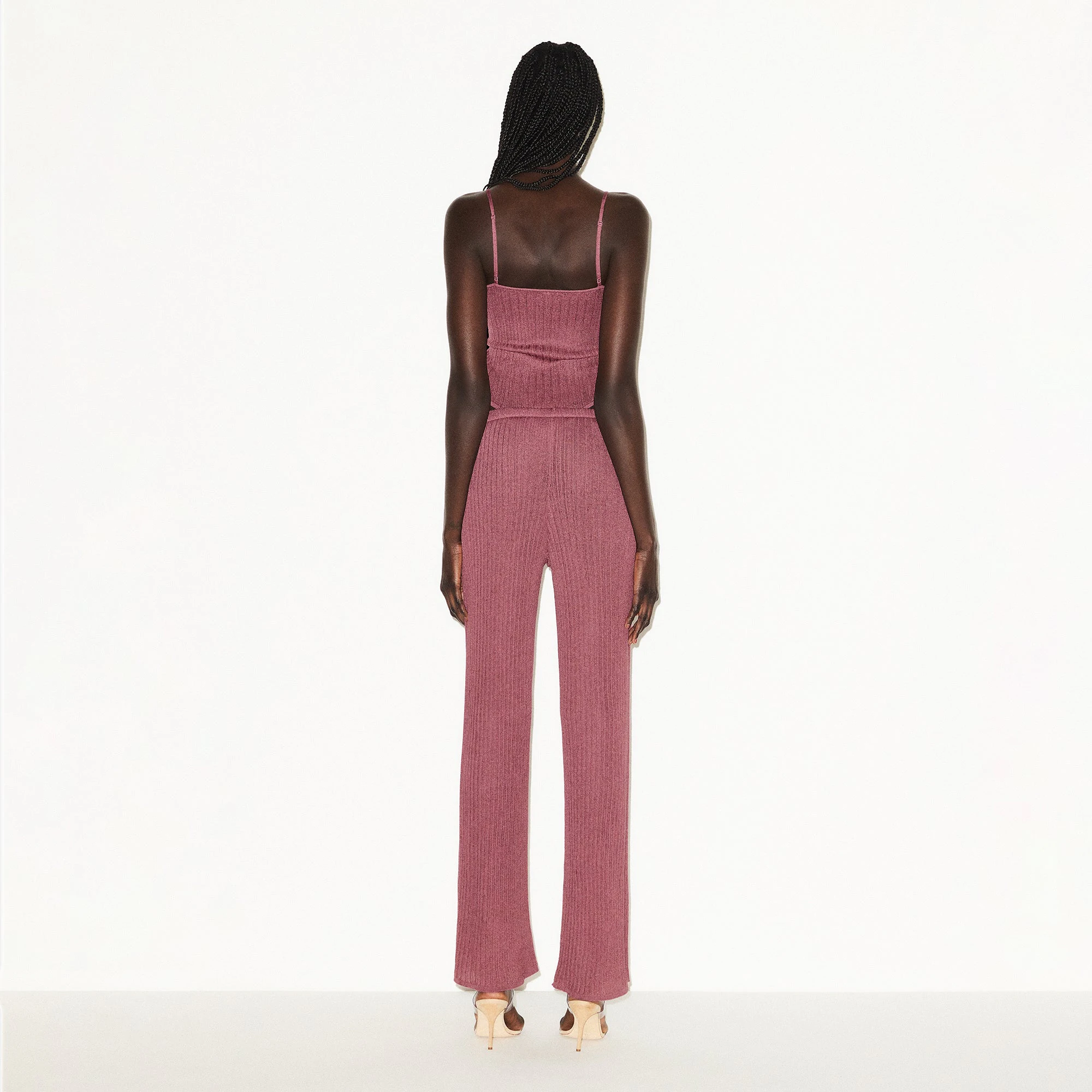 SHEER KNIT STRAIGHT LEG PANT | BEET ON A MODEL BACK VIEW @ | FOCUS: 0.0, 1.0, 0.9