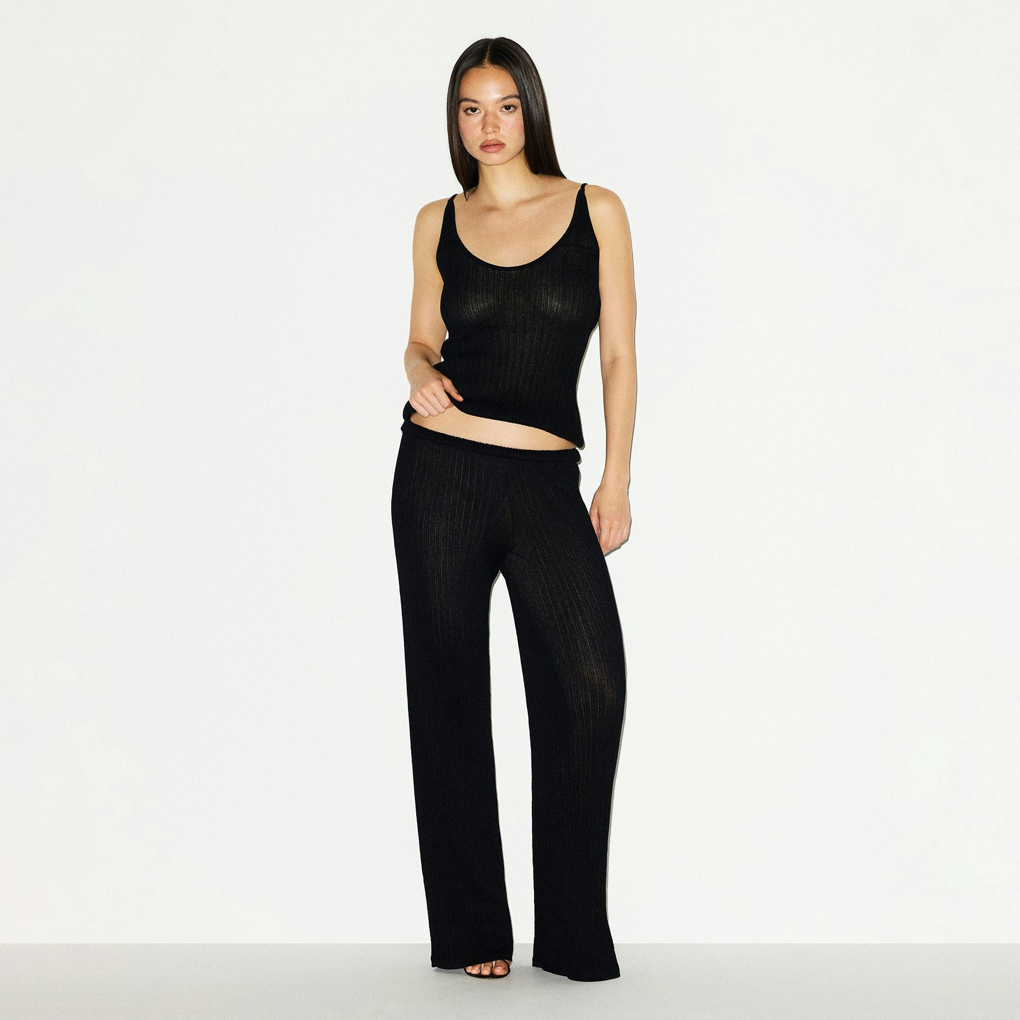 SHEER KNIT STRAIGHT LEG PANT | ONYX ON A MODEL FRONT VIEW @ | FOCUS: 0.0, 1.0, 0.9