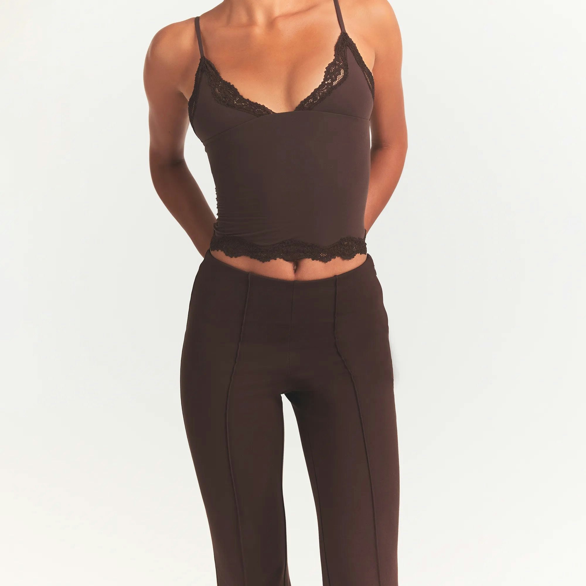 THE ESSENTIAL COLLECTION HIGH-WAISTED PINTUCK STRAIGHT PANT | ESPRESSO ON A MODEL FRONT VIEW @ | FOCUS: 0.0, 1.0, 0.9