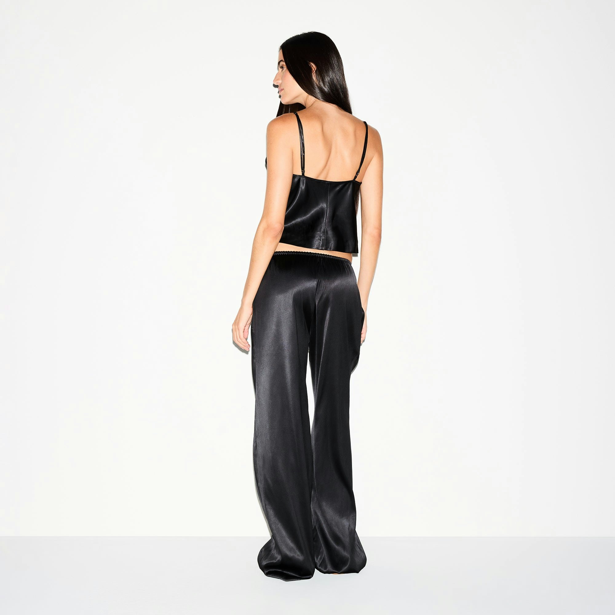 HEAVYWEIGHT SATIN WIDE LEG PANT | ONYX ON A MODEL BACK VIEW @ | FOCUS: 0.0, 1.0, 0.9