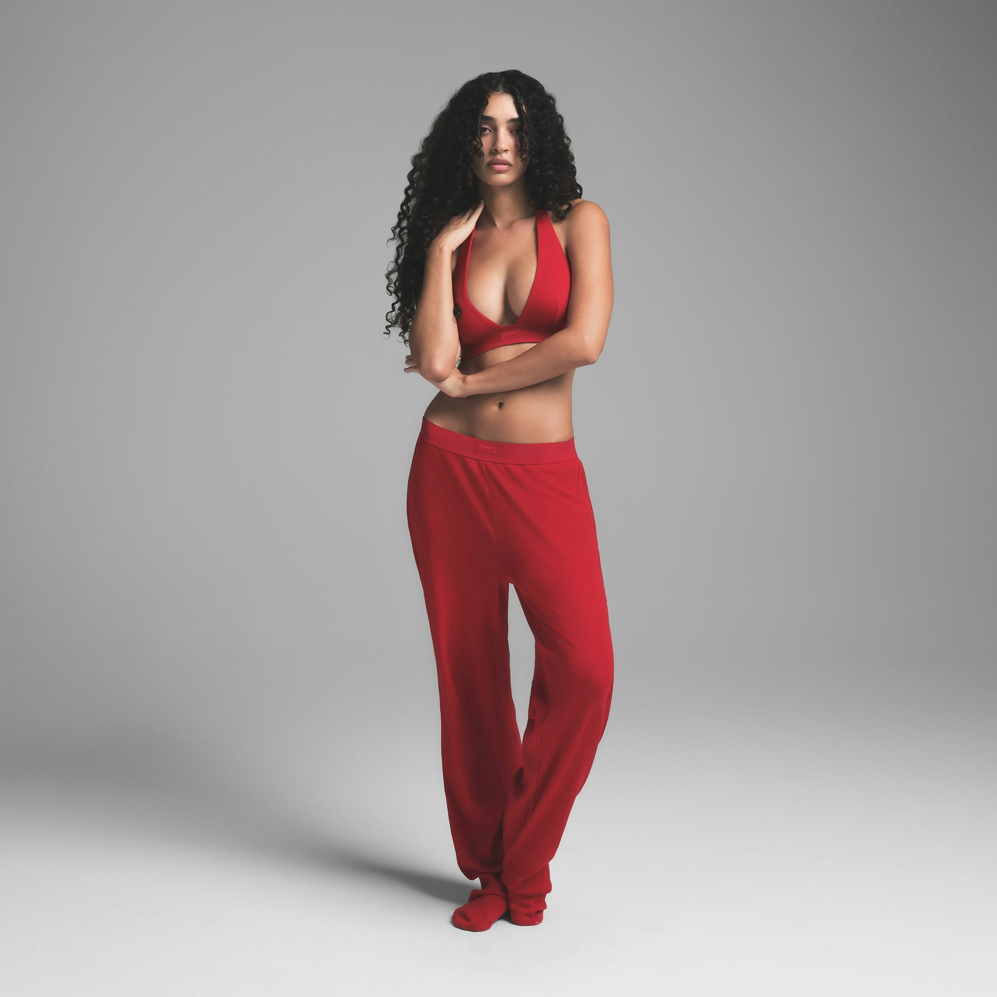 COTTON RIB PANT | CRANBERRY ON A MODEL FRONT VIEW | FOCUS: 0.0, 1.0, 0.9