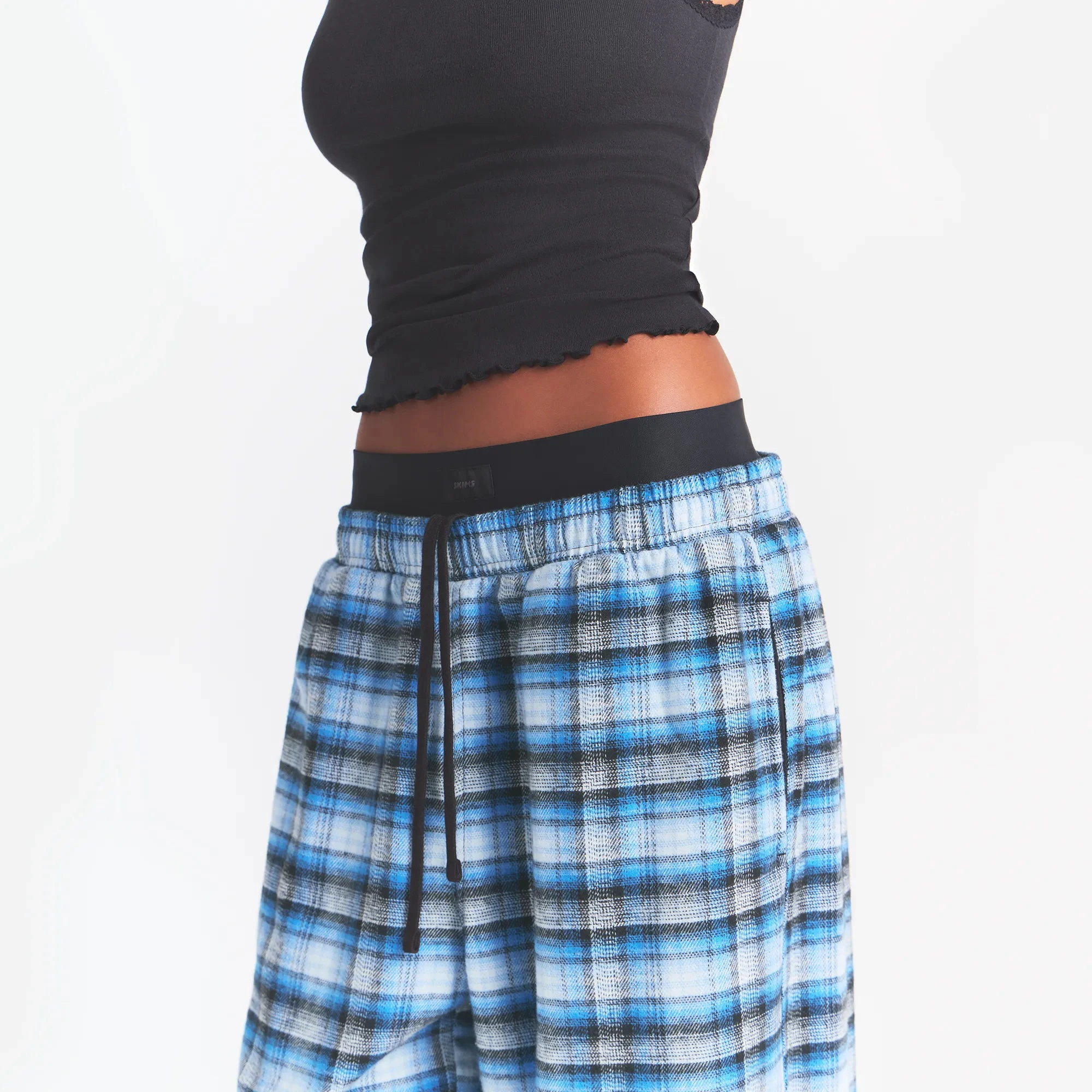 OUTDOOR FLANNEL OVERSIZED DOUBLE WAISTBAND PANT | AZURE PLAID & LAYS FLAT ON A WHITE BACKGROUND | FLT