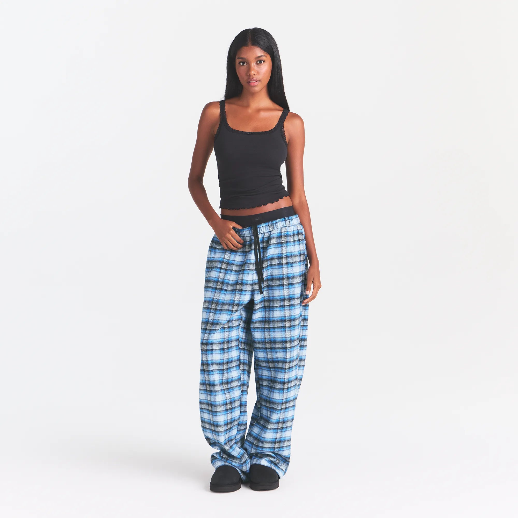 OUTDOOR FLANNEL OVERSIZED DOUBLE WAISTBAND PANT | AZURE PLAID ON A MODEL | FOCUS: 0.0, 1.0, 0.9