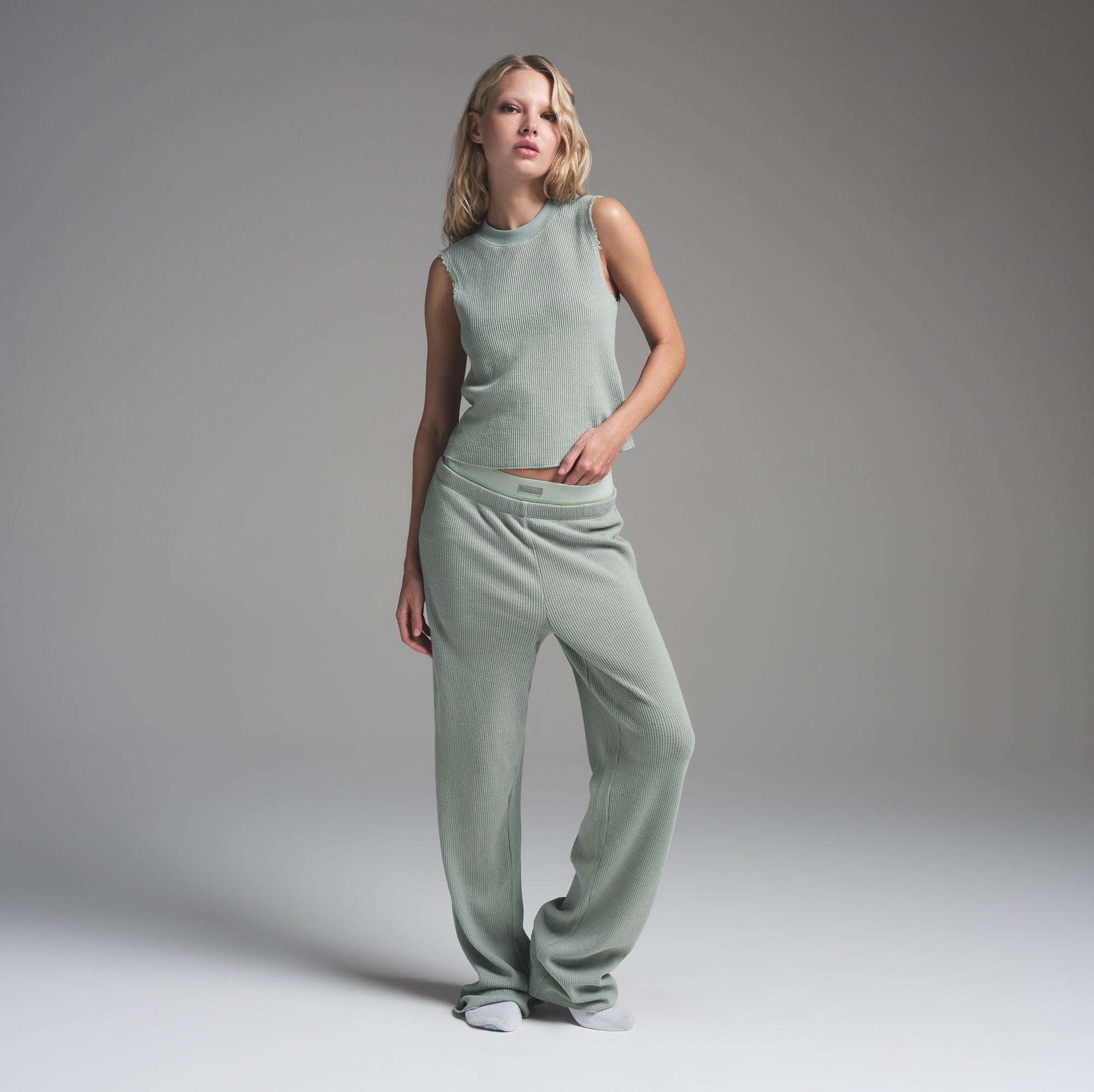 HEAVY WAFFLE STRAIGHT LEG PANT | VAPOR ON A MODEL FRONT VIEW  | FOCUS: 0.0, 1.0, 0.9