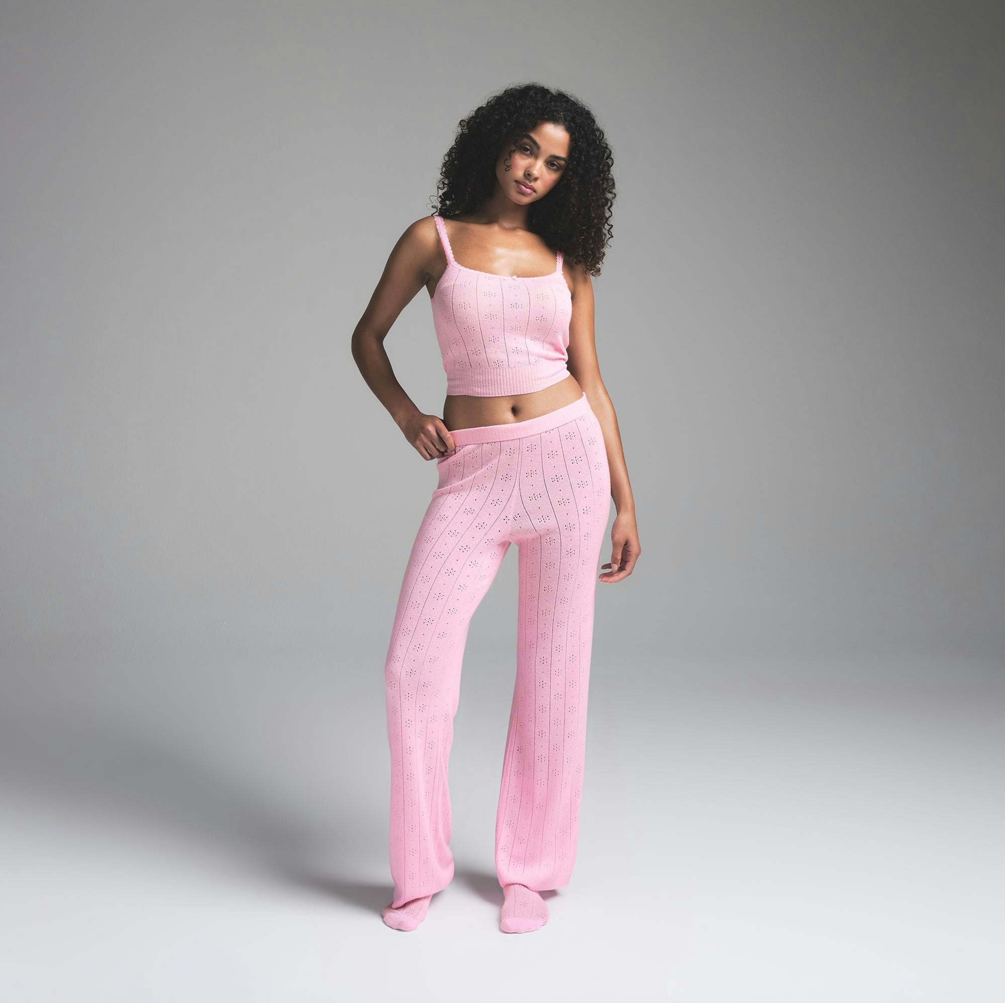 SWEATER POINTELLE STRAIGHT LEG PANT | BABY PINK ON A MODEL FRONT VIEW | FOCUS: 0.0, 1.0, 0.9
