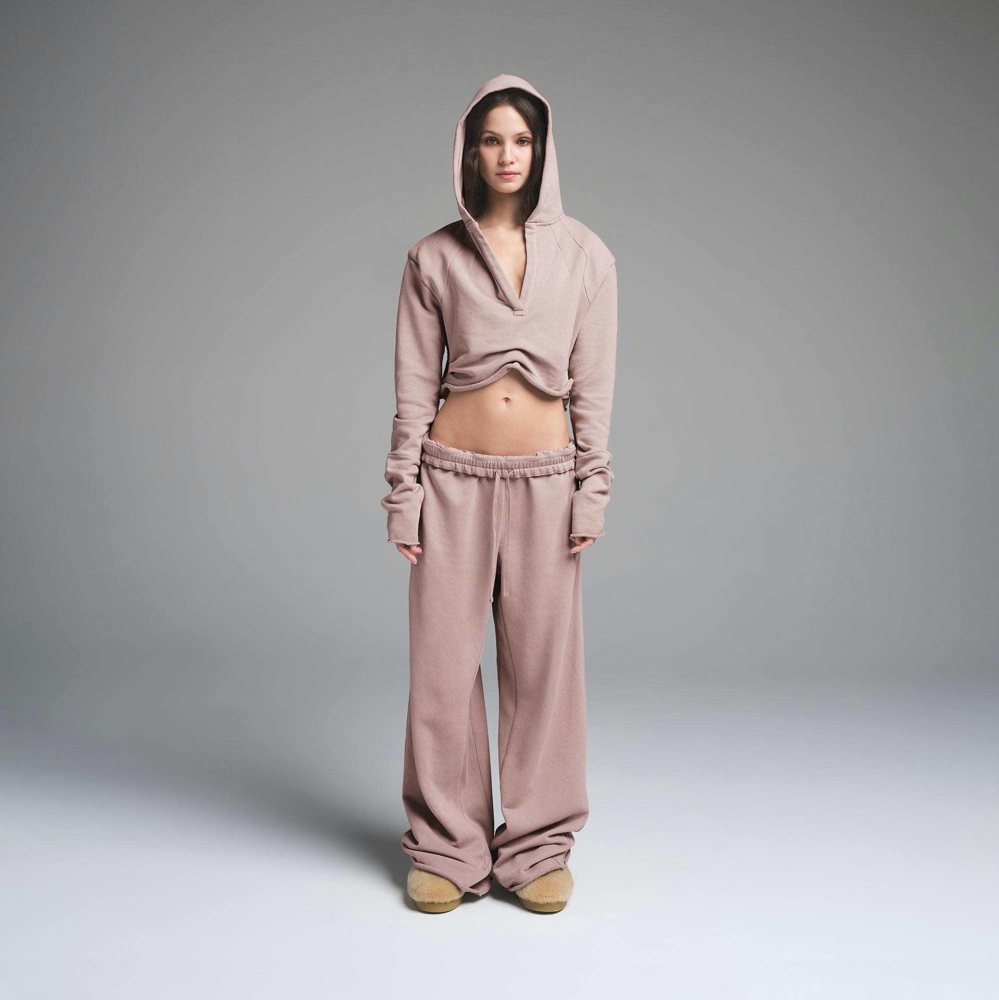 FRENCH TERRY WIDE LEG PANT | FAWN ON A MODEL FRONT VIEW | FOCUS: 0.0, 1.0, 0.9