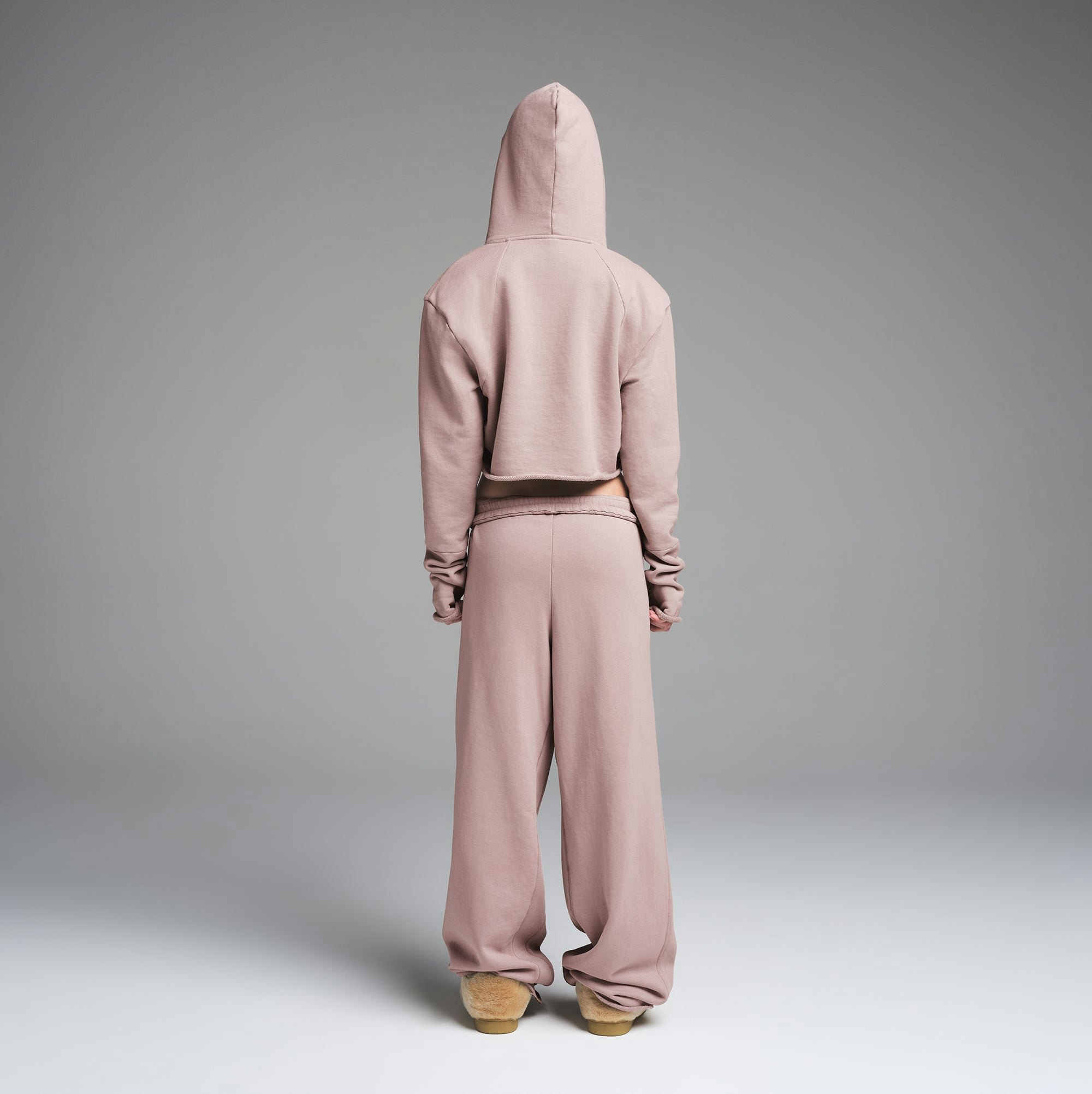 FRENCH TERRY WIDE LEG PANT | FAWN ON A MODEL BACK VIEW | FOCUS: 0.0, 1.0, 0.9